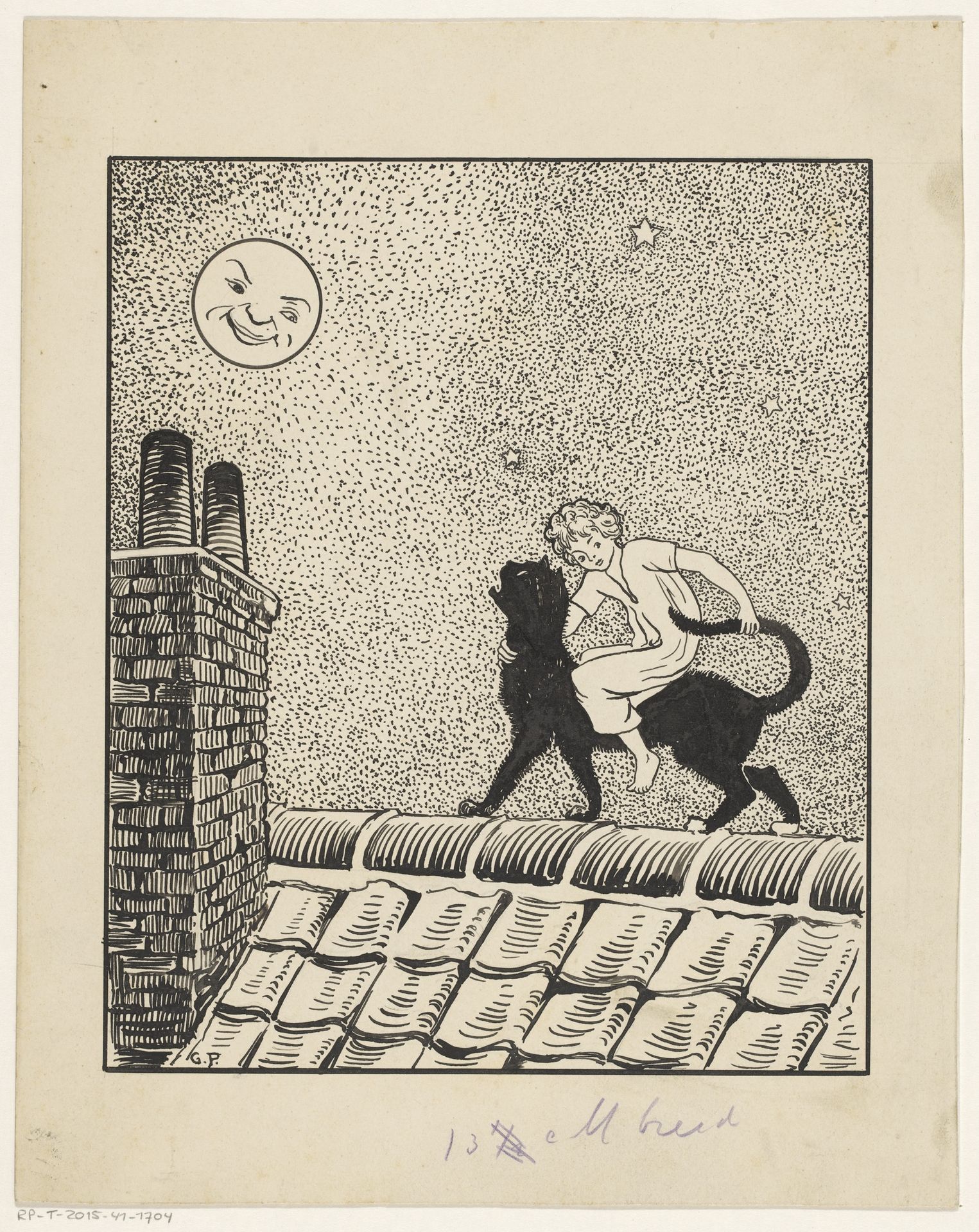 Meisje rijdt op een kat over de daken by Gust van de Wall Perné