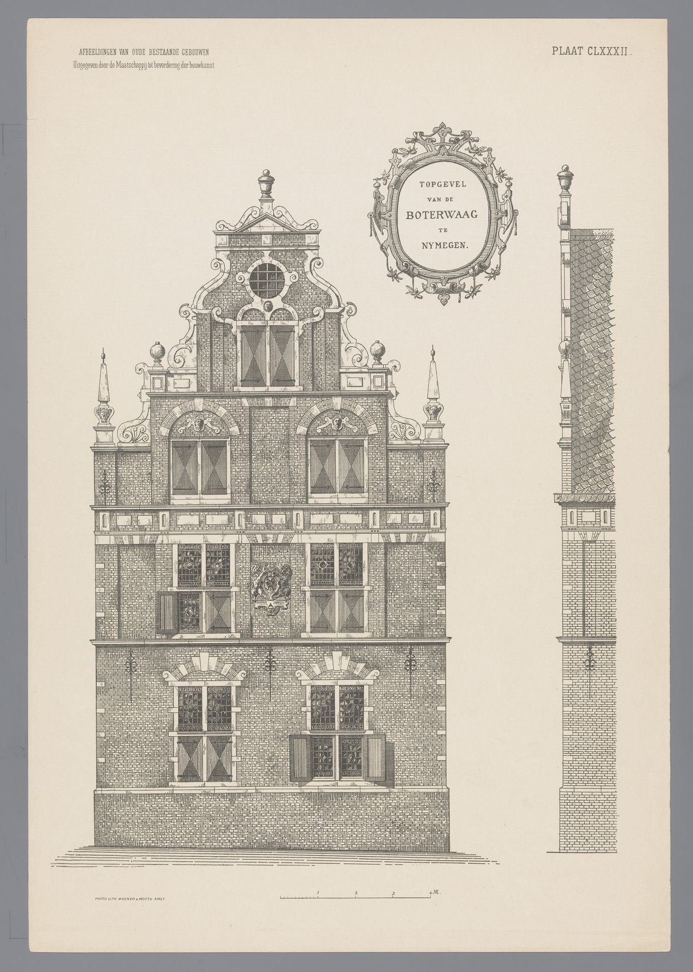 Reproductie van een prent of tekening met de gevel van de Boterwaag te Nijmegen by Wegner & Mottu