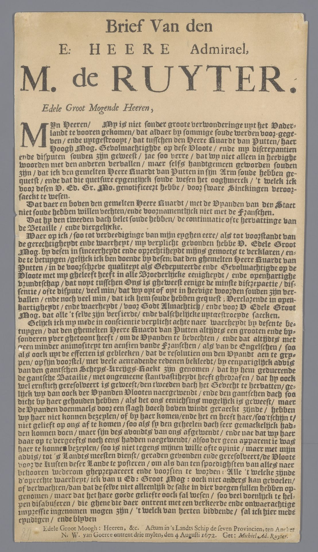 Brief van M.A. de Ruyter 4 augustus 1672 by Michiel Adriaansz. de Ruyter
