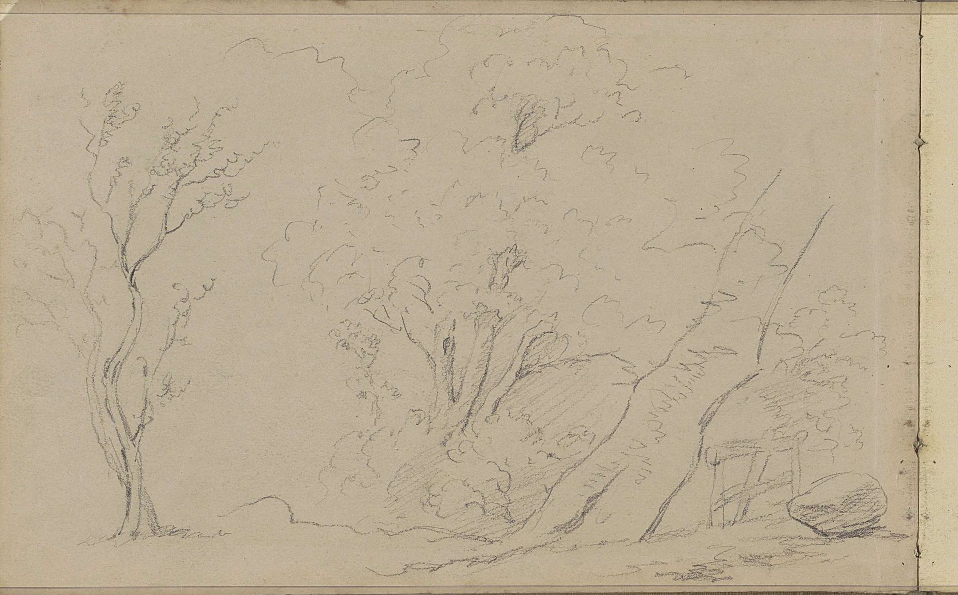 Bomen bij een hek en kei by Willem Cornelis Rip