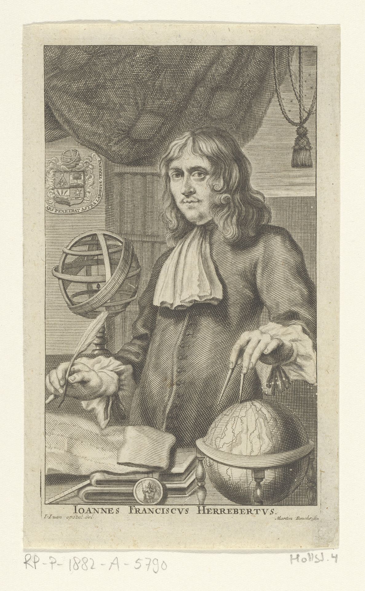 Portret van J.F. Herrebertus staande met pen en papier in de hand bij een globe. In het marge: Ioannes Franciscvs Herrebertv, links: I.I. van Opstal del.: rechts: Ma.. Bouché feci by Martin Bouche