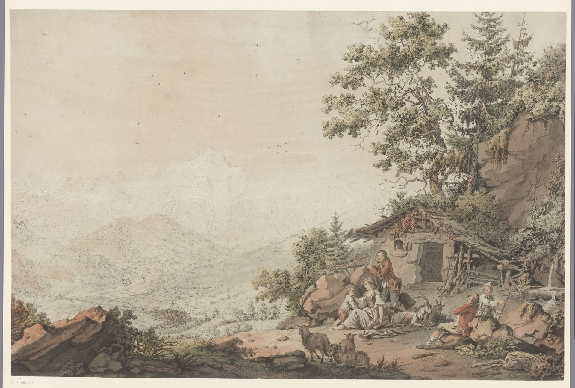 Familie bij een huis in de bergen by Philipp Jacques (I) Loutherbourg