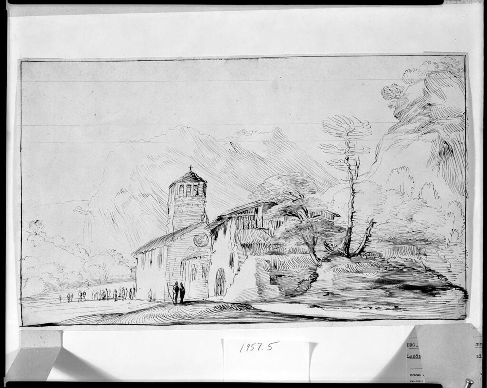 Landscape with Figures and Church by Imitator of Guercino (Giovanni Francesco Barbieri)