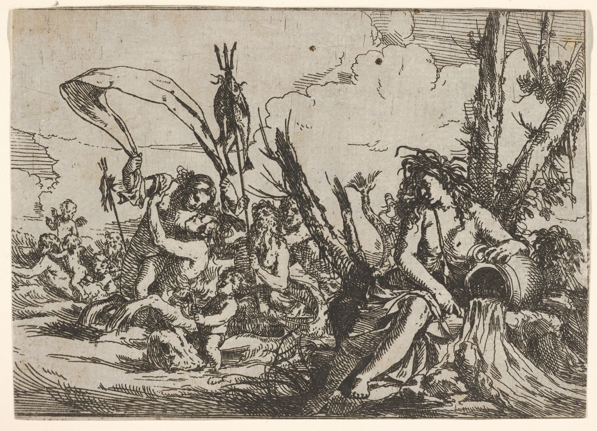 Water, represented by a naiad seated at the base of a tree and resting her arm on a supine urn from which water flows, behind her a triton and other inhabitants of the sea rise from the water surface, from "The Elements" by Giulio Carpioni