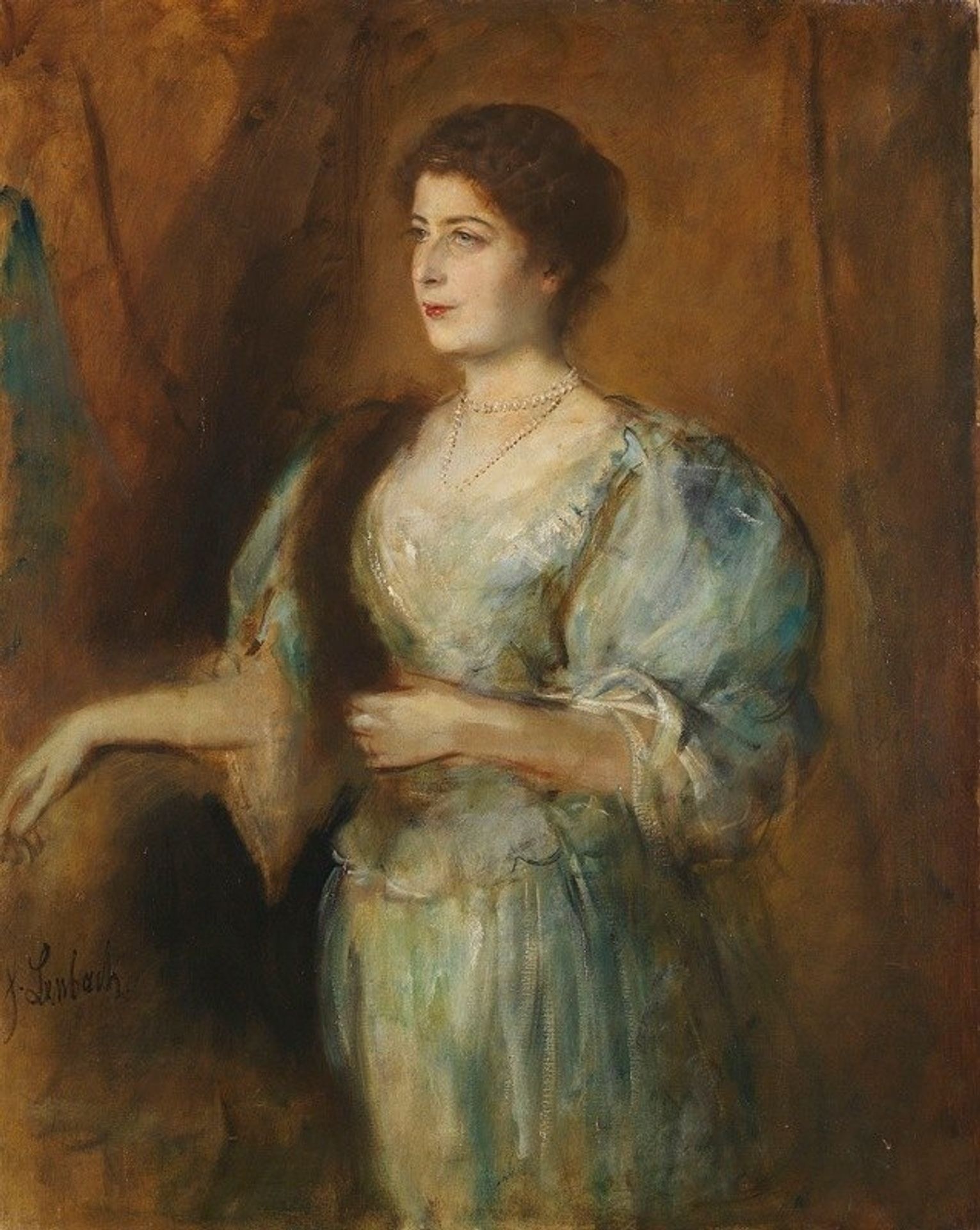 Porträt einer Dame mit Perlenkette und Pelzstola by Franz von Lenbach