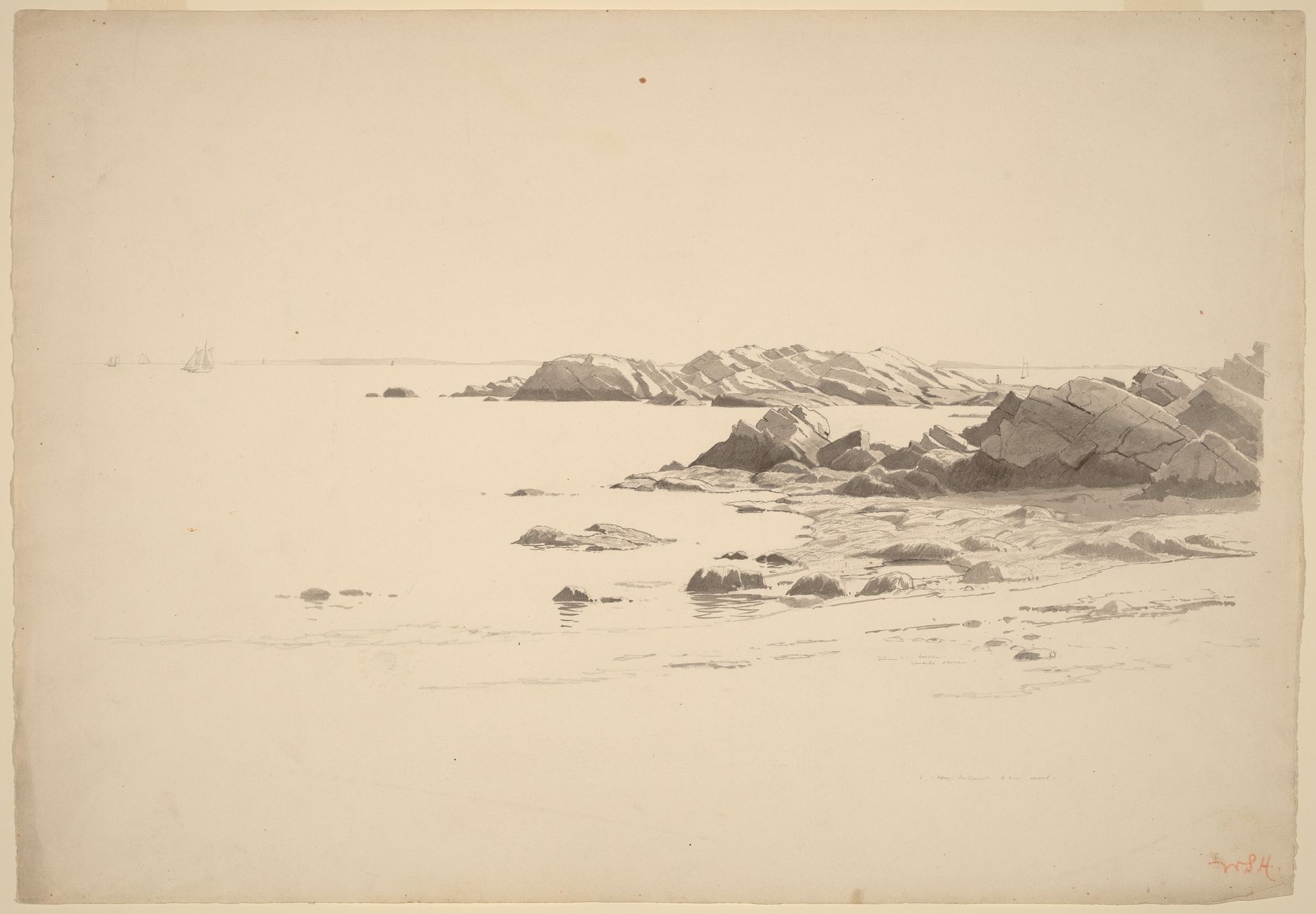 Rocklined Beach with Distant Boats by William Stanley Haseltine