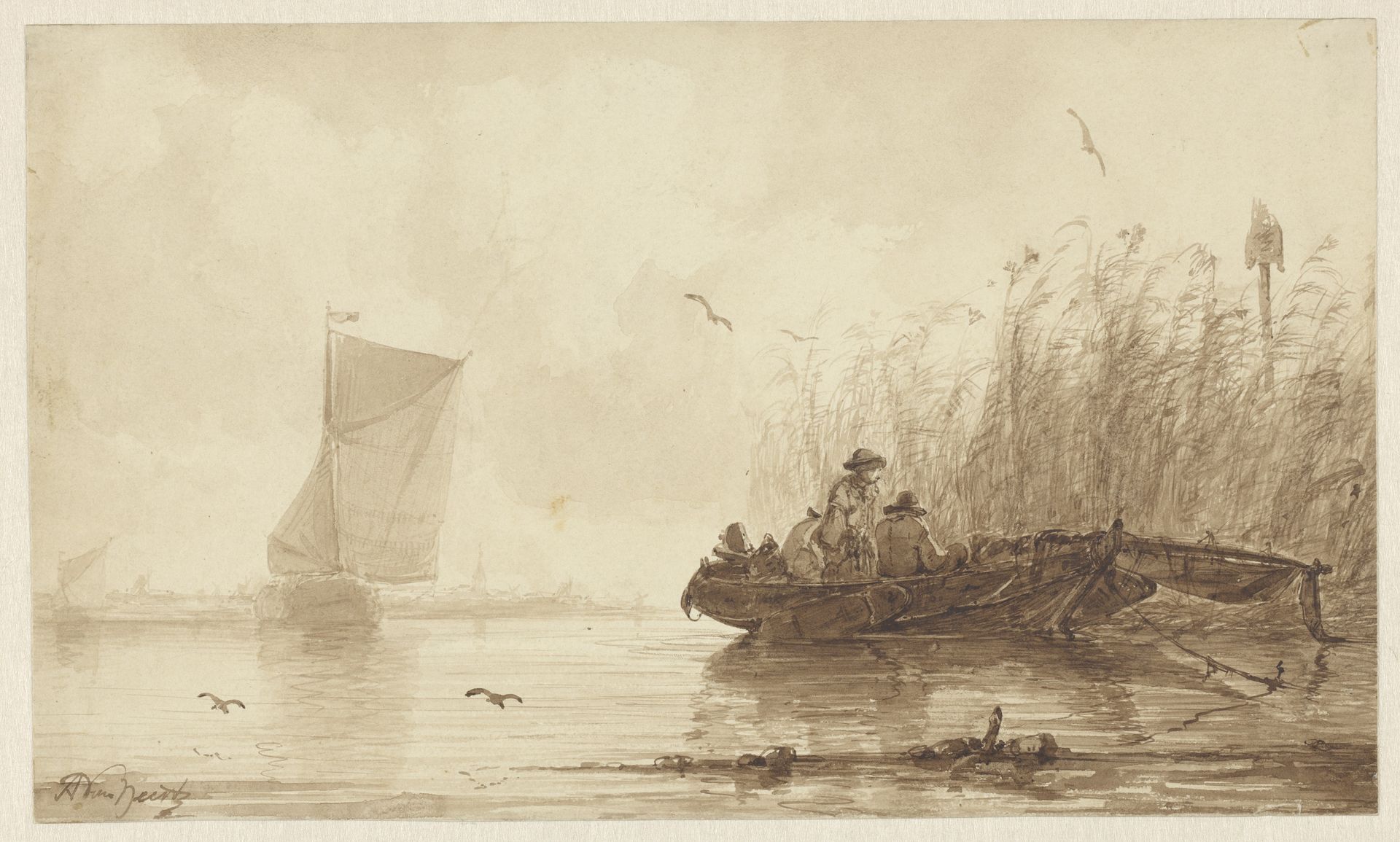Vissers in een bootje bij een rietkraag by Albertus van Beest