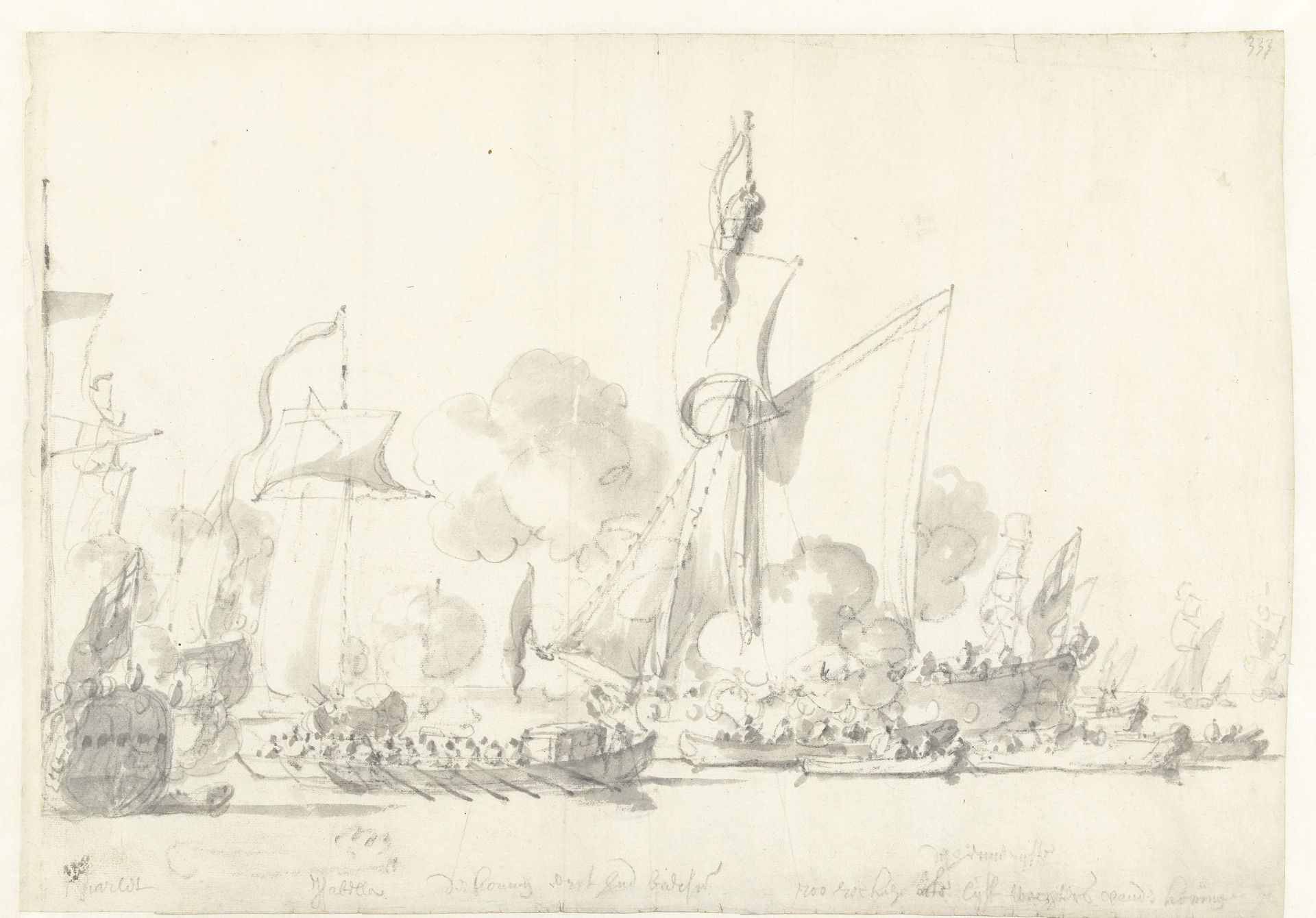 De tocht van de Engelse koning Karel II over de Thames naar Sheerness en Chatham op 27 Augustus 1681 by Willem van de Velde I