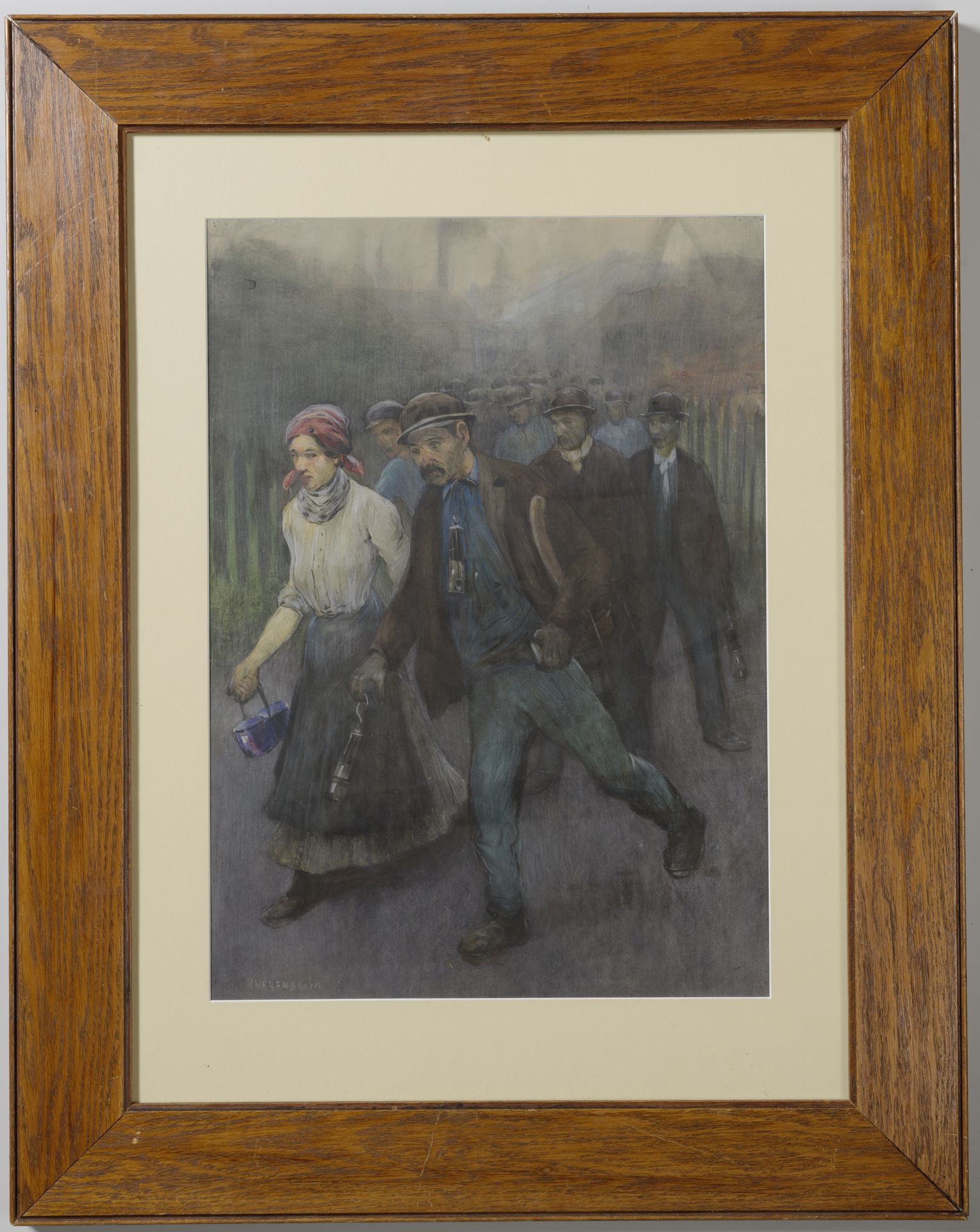 Lopende mijnwerkers met mijnwerkersvrouw by Herman Heijenbrock