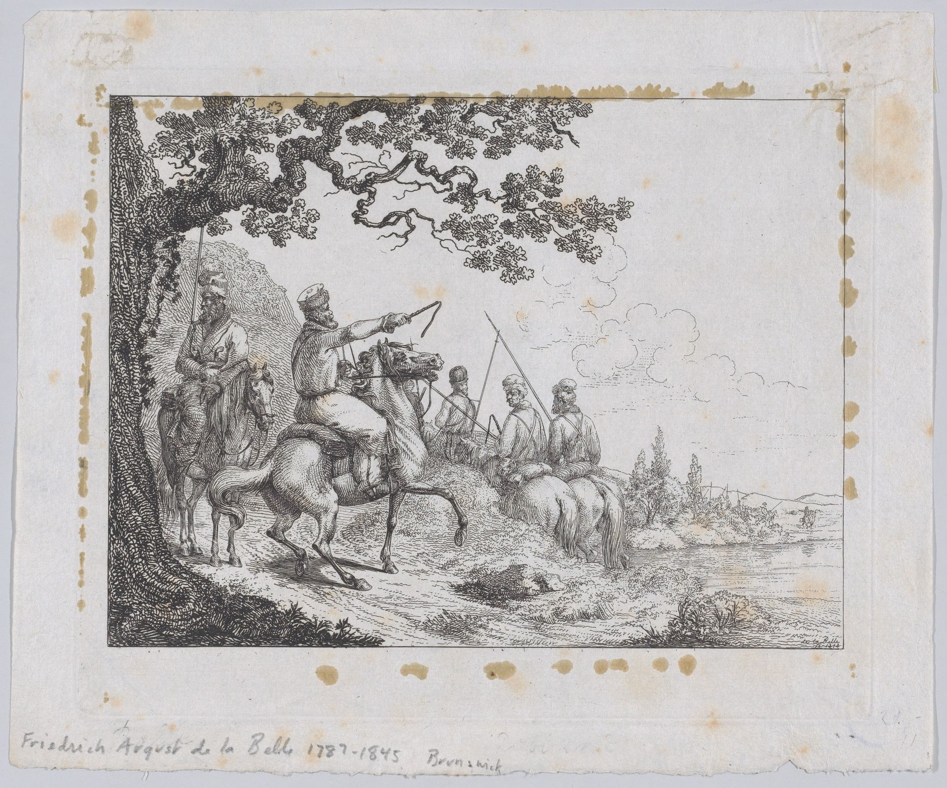 Cossacks riding along a riverbank by Friedrich August de La Belle