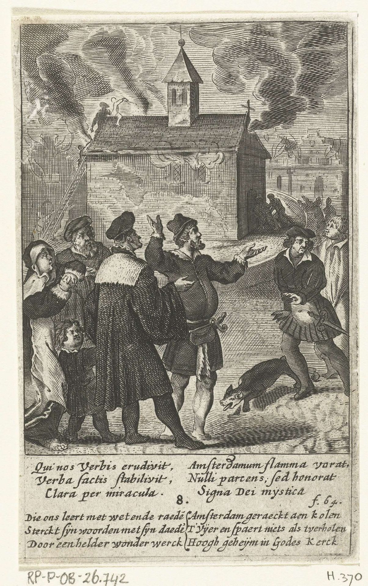 Kerk waar de hostie wordt bewaard brandt af maar de hostie blijft gespaard by Boëtius Adamsz. Bolswert