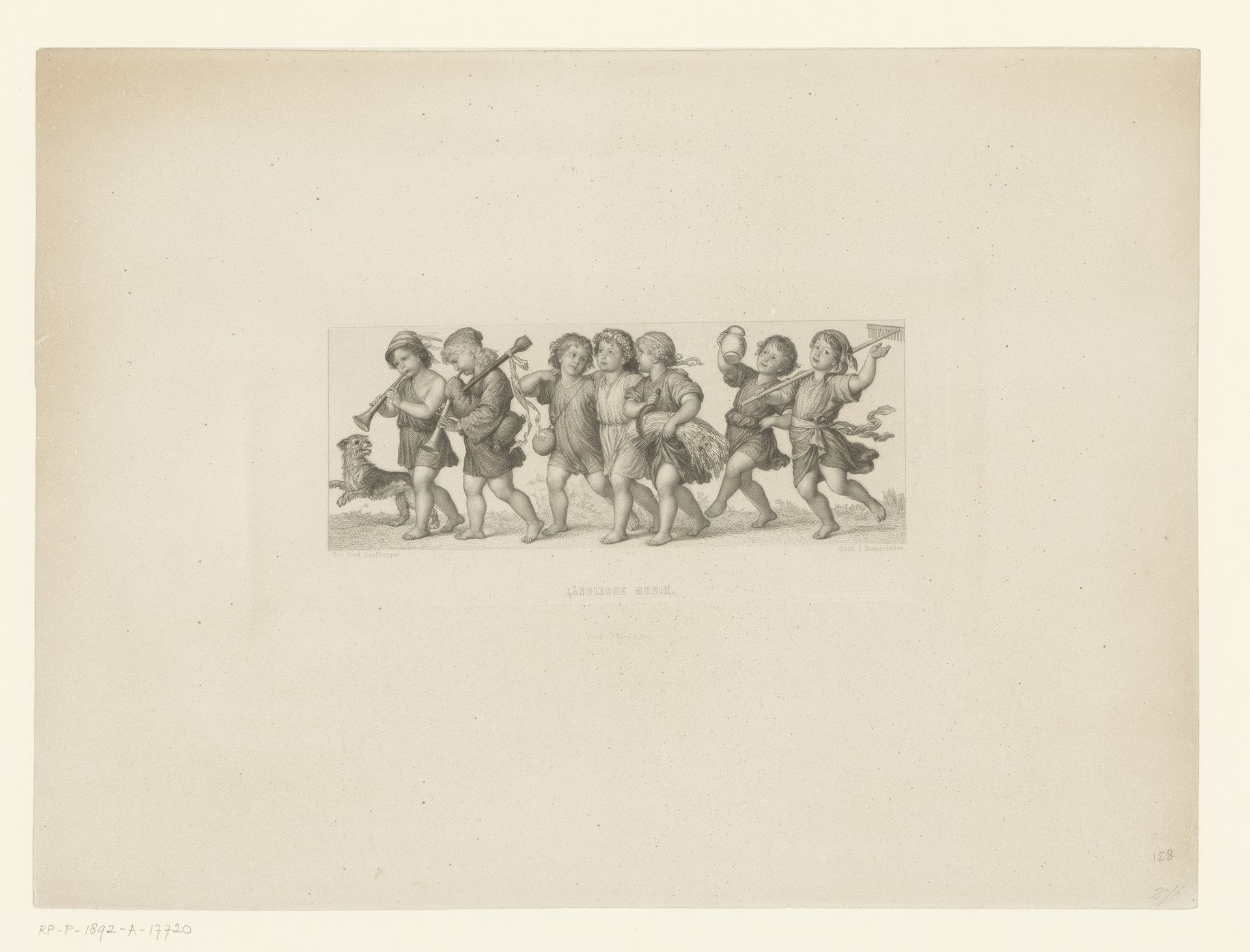 Zeven kinderen met landbouwwerktuigen en muziekinstrumenten by Johannes Sonnenleiter