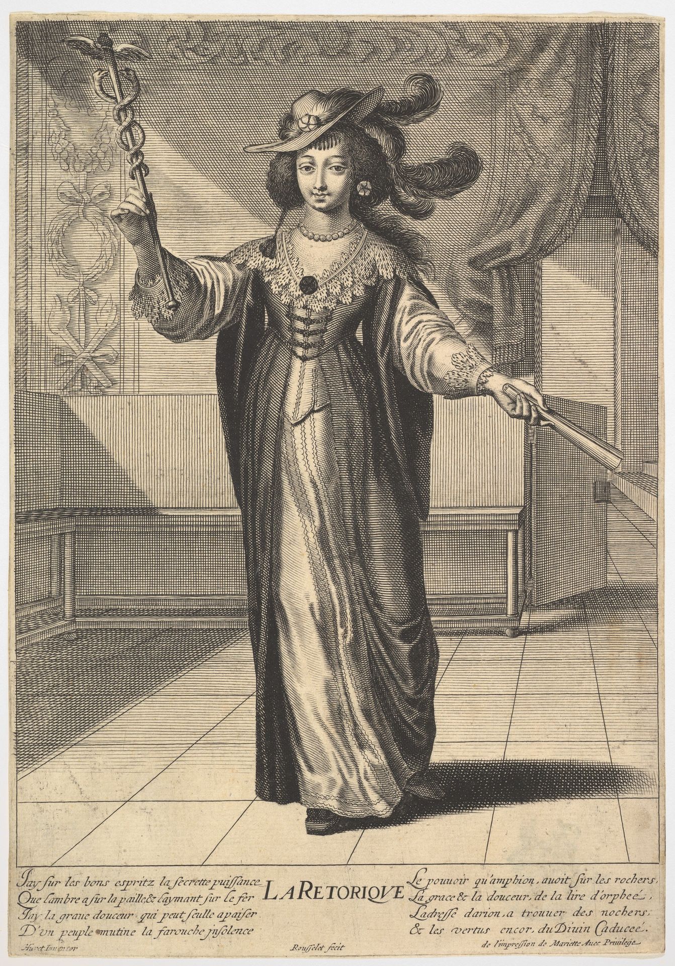 Rhetoric: a young woman standing in a decorated interior with a caduceus in her right hand and a closed fan in her left hand, from "The liberal arts" (Les arts liberaux) by Gilles Rousselet