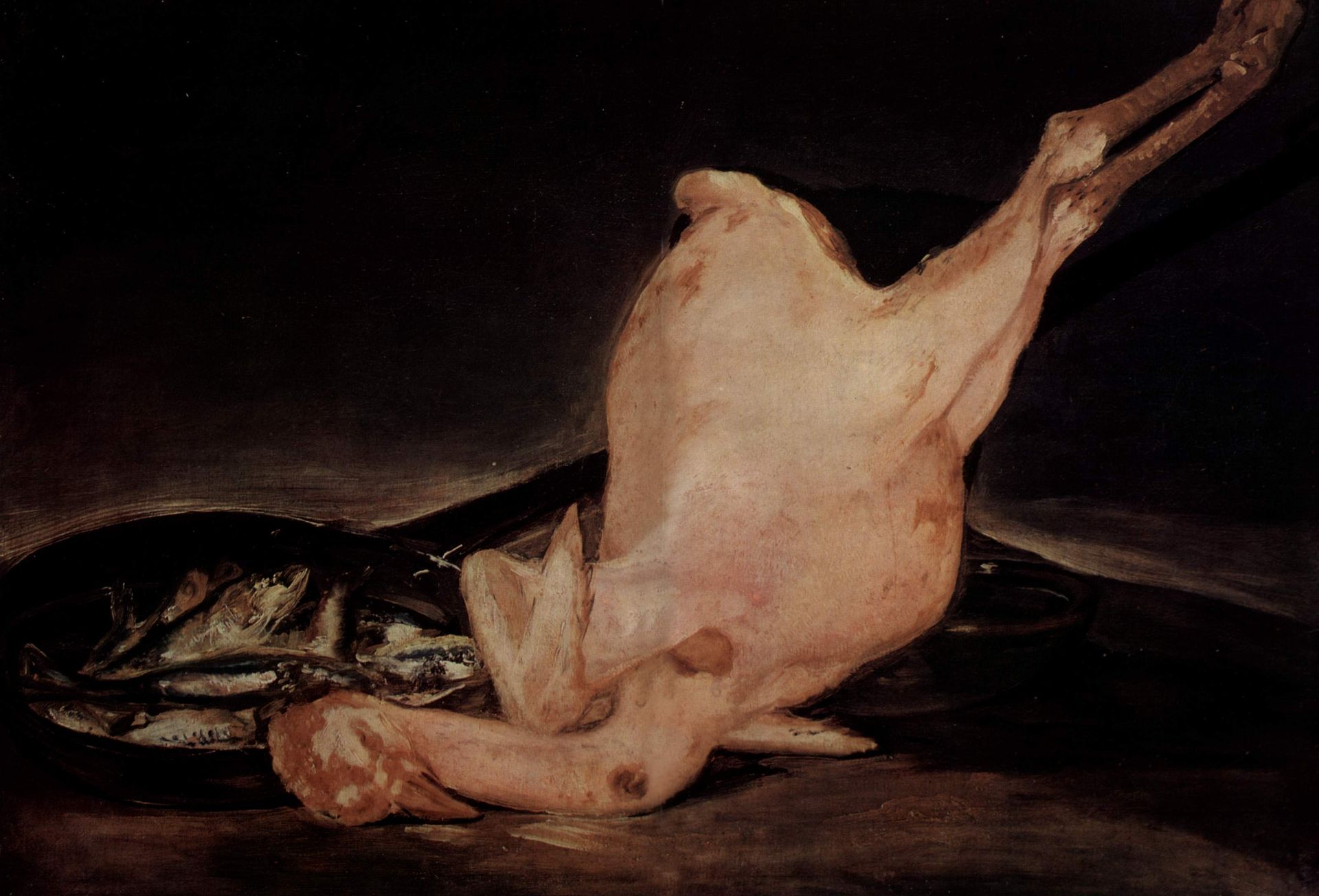 Still life, plucked turkey and pan with fish by Francisco de Goya