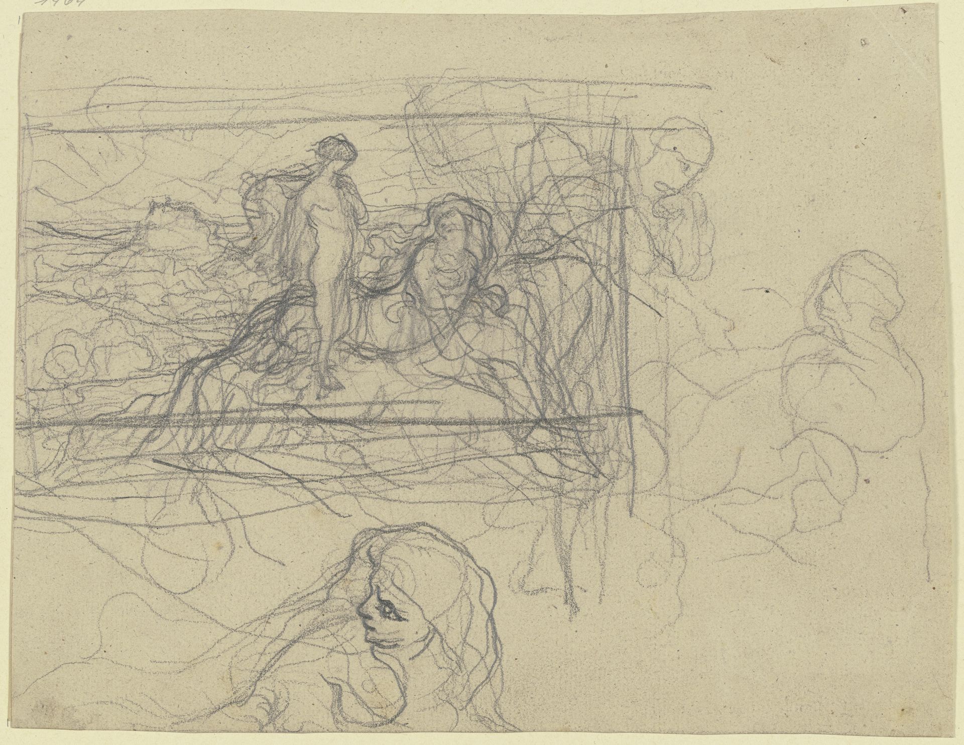 Stehender weiblicher Akt neben einer Sphinx in einer Landschaft, daneben Frauenköpfe by Victor Müller