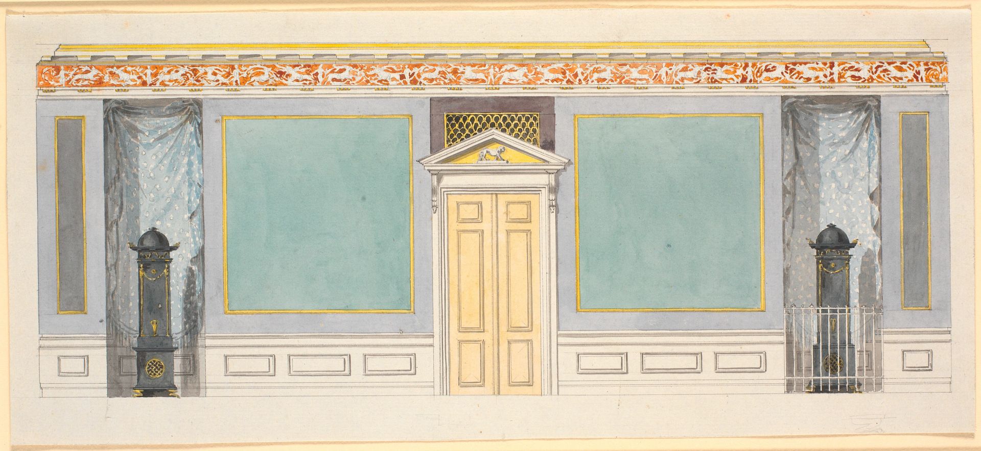 Udkast til dekoration af den indre langvæg i appartementssalen. c. 1794 by Nicolai Abildgaard