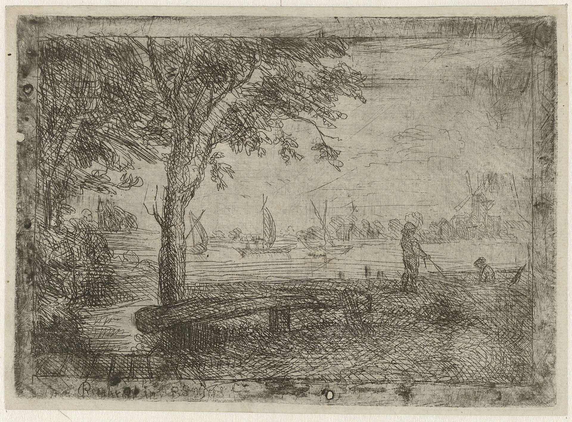 Rivierlandschap met figuren, boten en een molen by Peeter Snijers