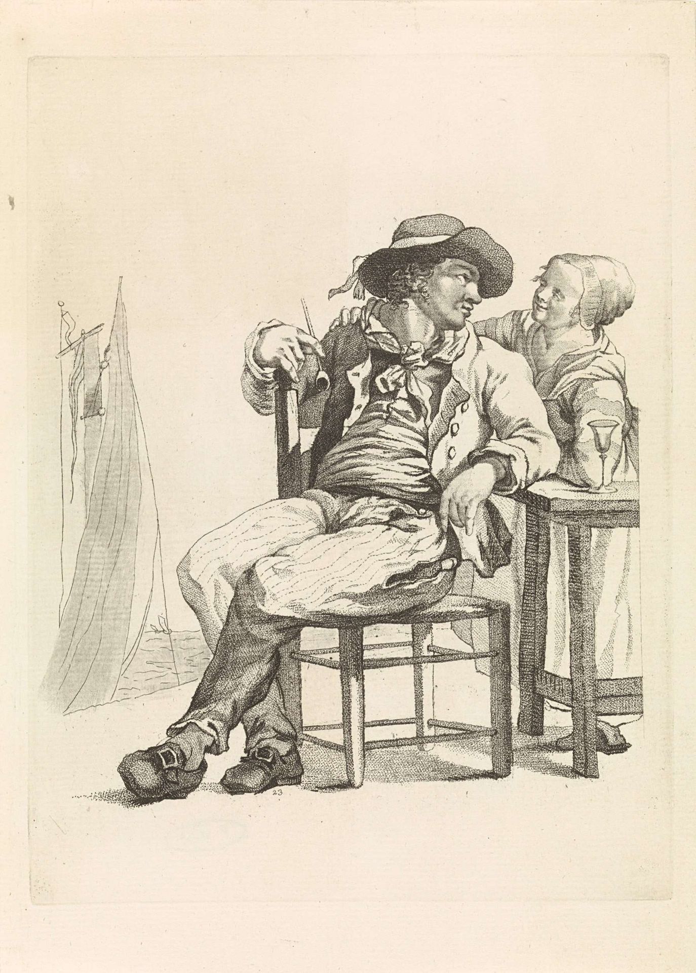 Zeeman in gesprek met een jonge vrouw by Mathias de Sallieth