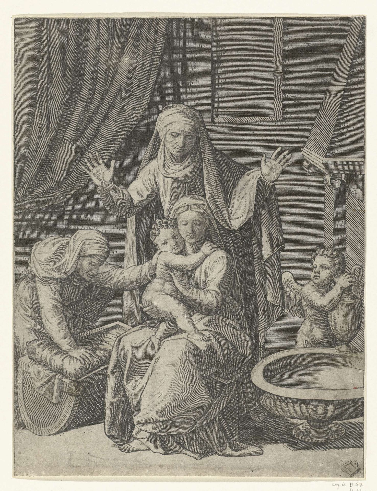 Maria met kind en heiligen Anna en Elisabet bij wieg en engel met waterkan bij schaal met water by Marco Dente