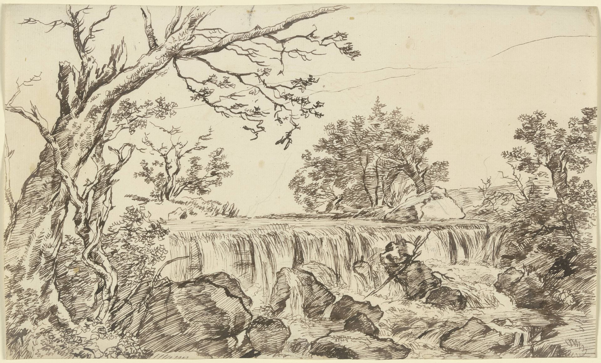 Wasserfall, im Vordergrund ein absterbender Baum by Franz Kobell