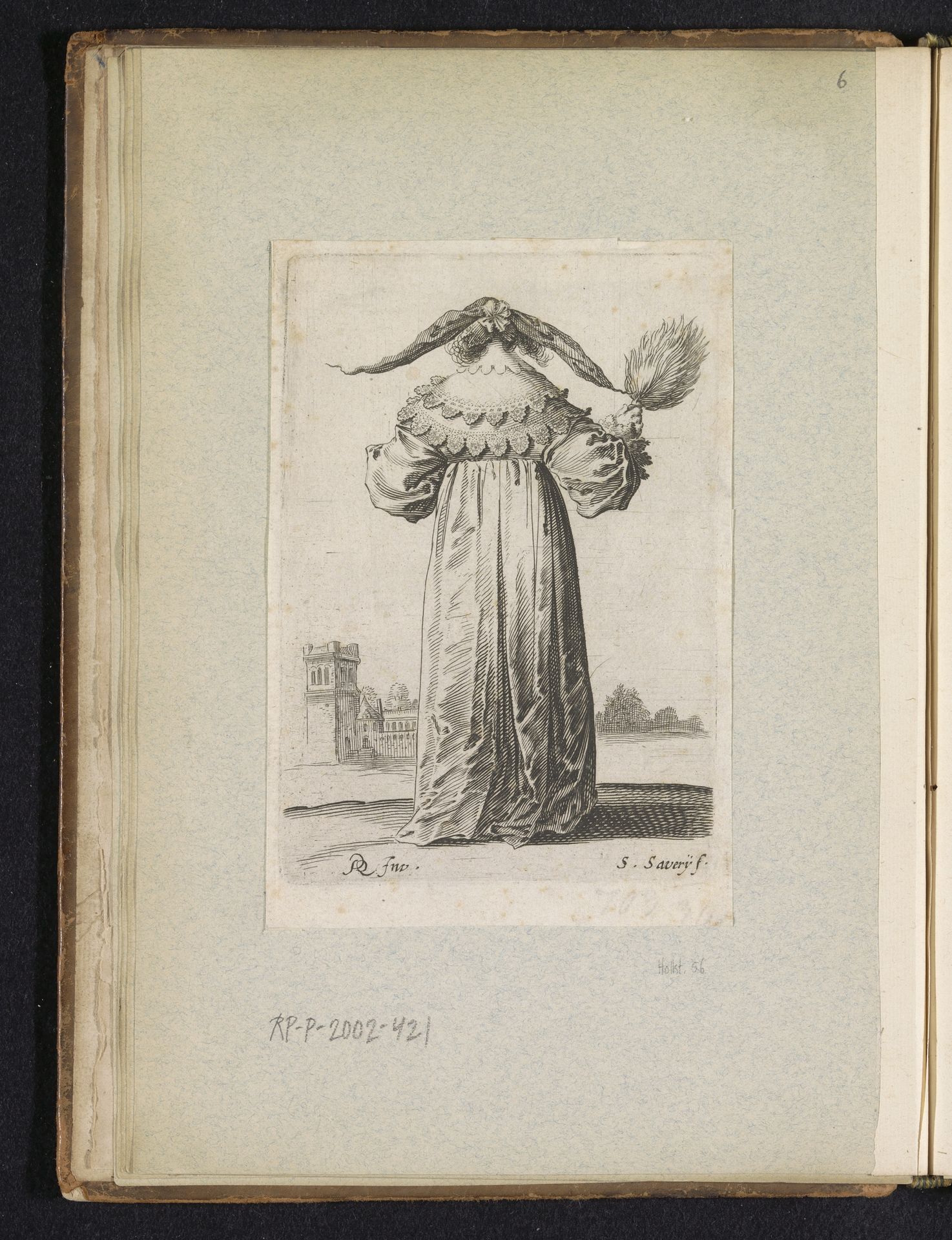 Vrouw gekleed volgens de mode van omstreeks 1630, van achteren gezien by Salomon Savery