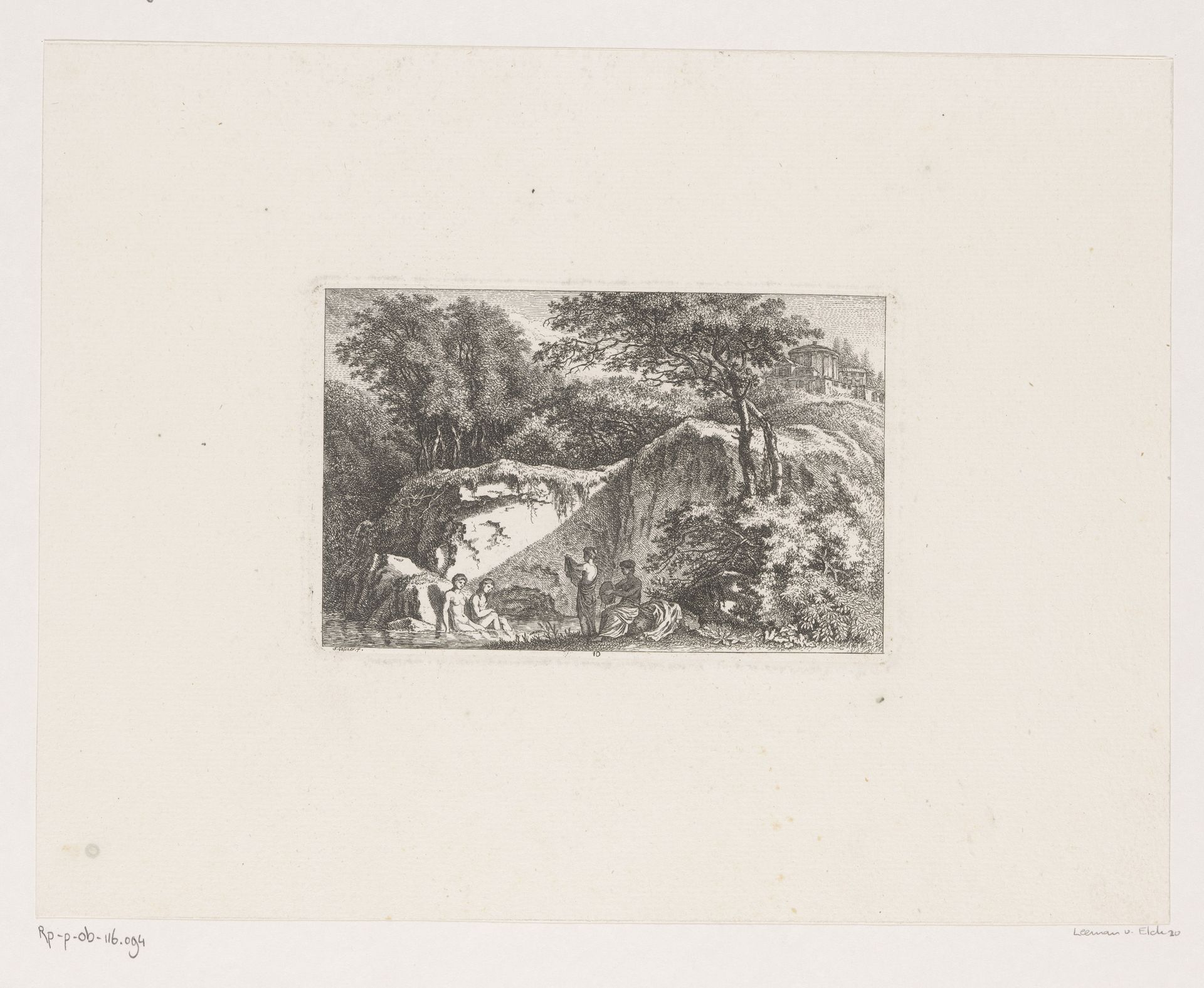 Vier badende vrouwen in een arcadisch landschap by Salomon Gessner