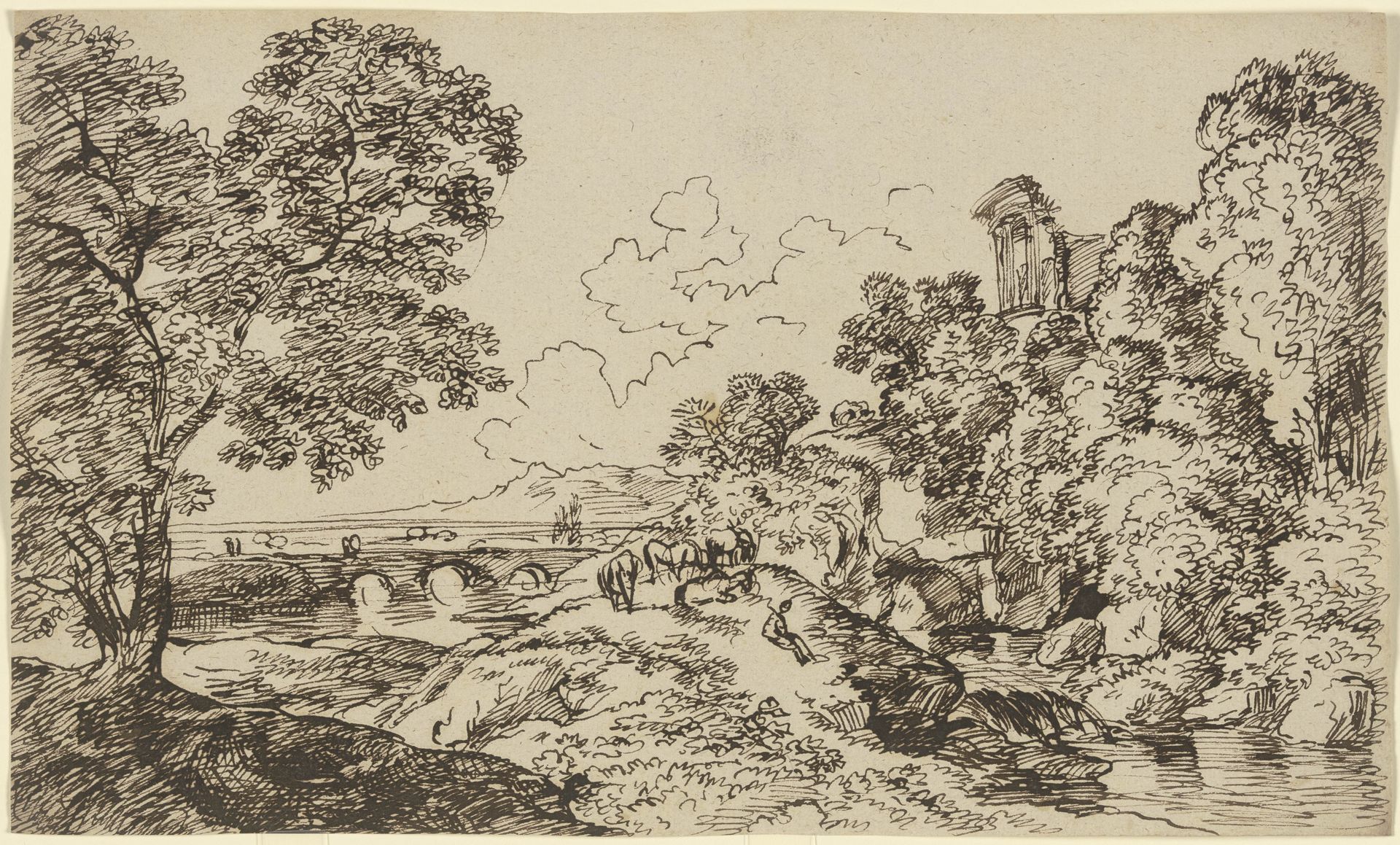 Flusslandschaft mit weidender Herde, im Mittelgrund eine Brücke und die Ruine eines Monopteros by Franz Kobell