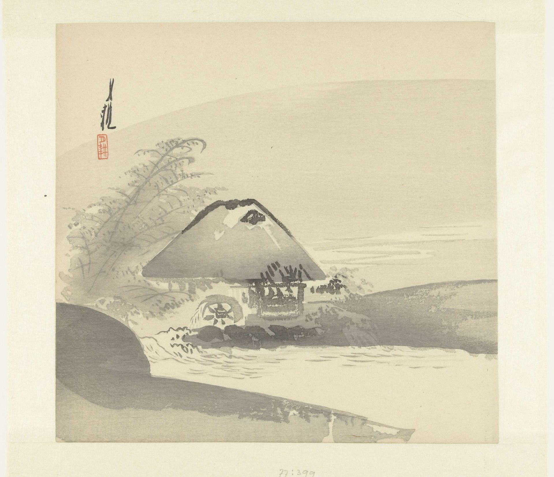 Rivierlandschap waarin huis met waterrad by Ogata Gekko