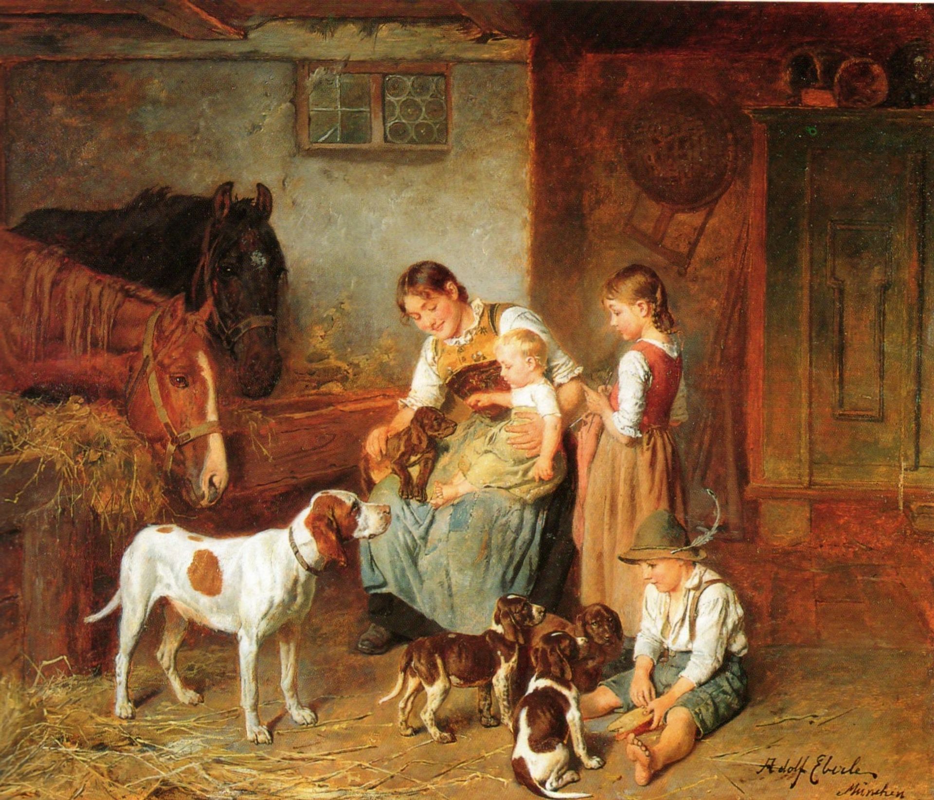 Happy family in a barn interior by Adolf Eberle