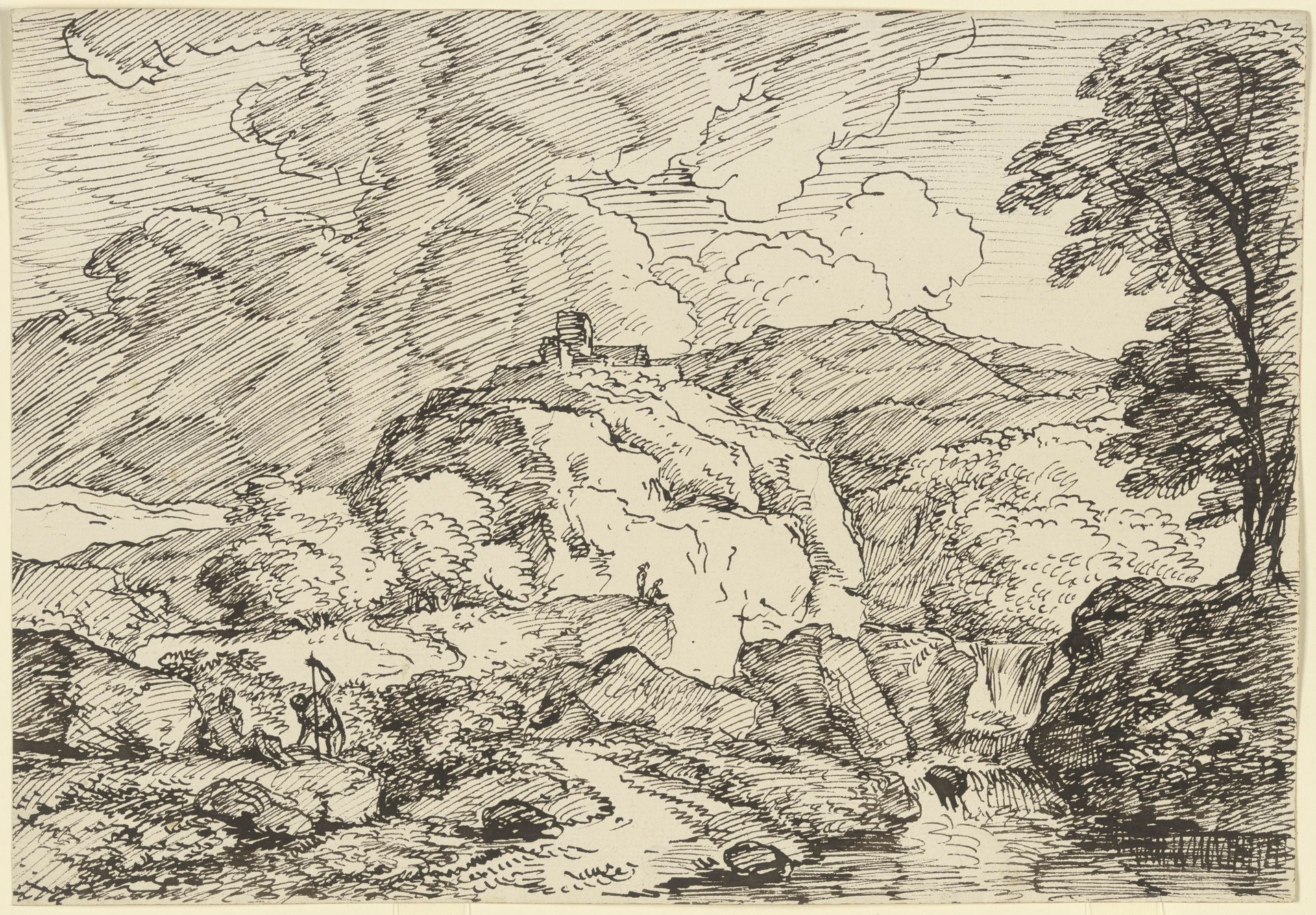 Berglandschaft mit einer Burg auf einem Felssporn und aufziehendem Gewitter, im Vordergrund zwei Wanderer by Franz Kobell