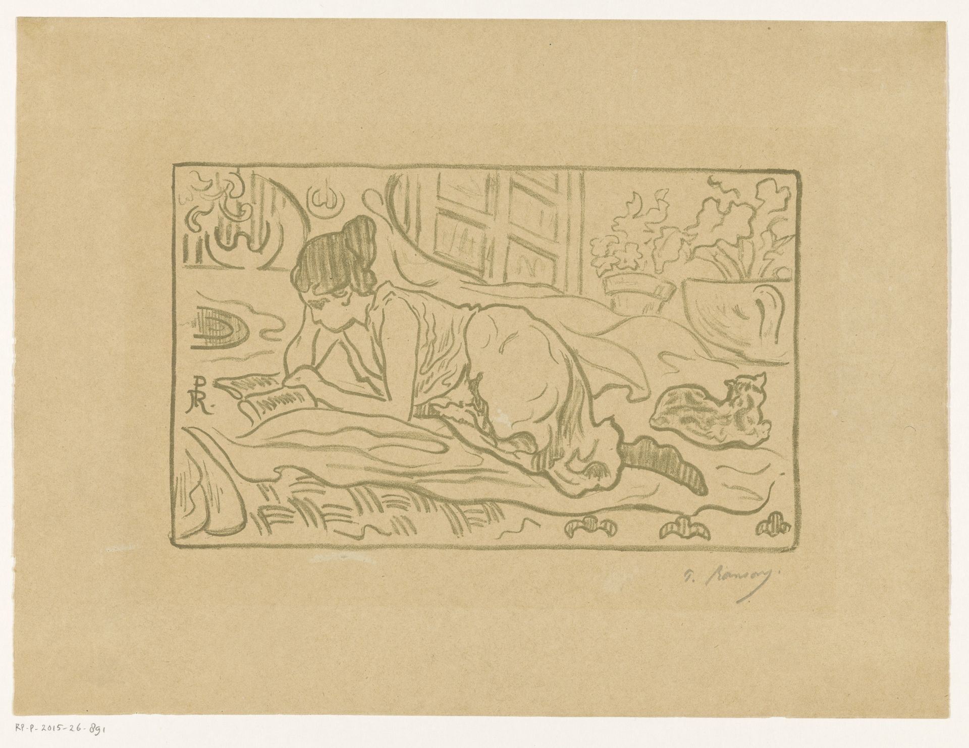 Lezende vrouw liggend op bed by Paul Ranson