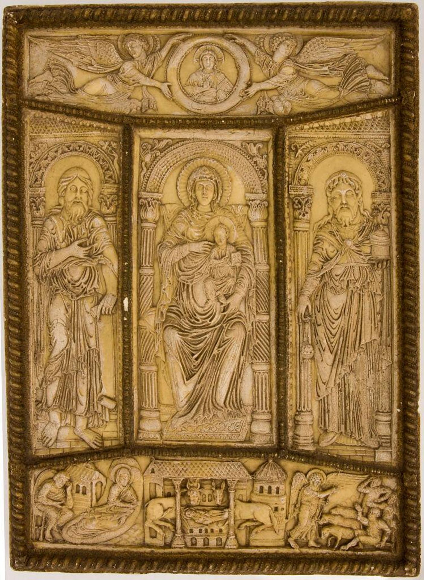 Five part book cover with Virgin between Zaccharias and John the Baptist. by Unidentified Maker