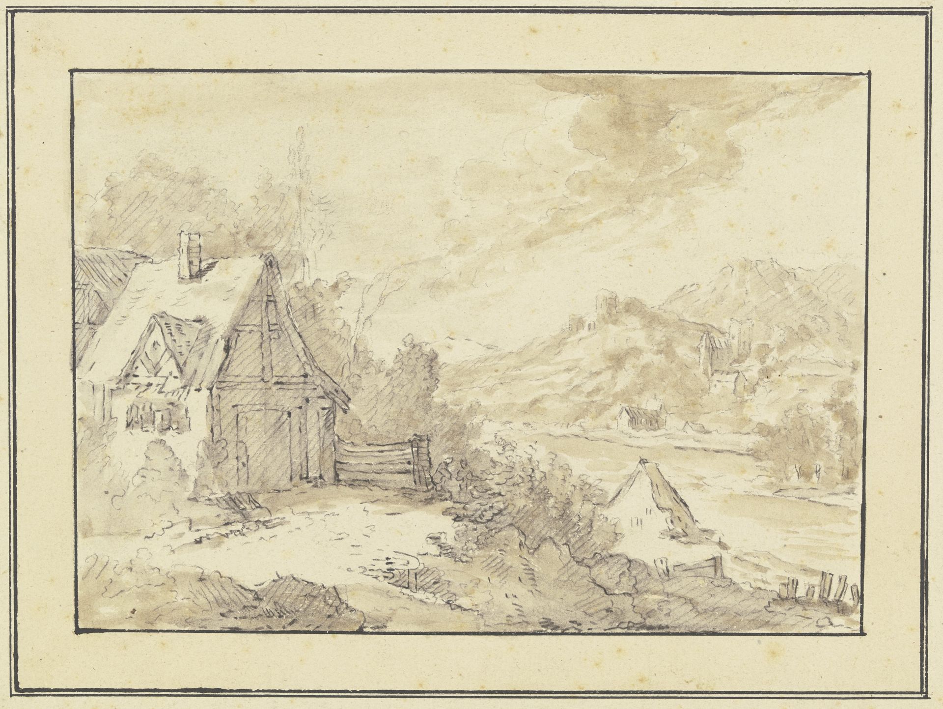 Bergiges Flußufer mit Burgen und Häusern (Rheinlandschaft_) by Franz Schütz