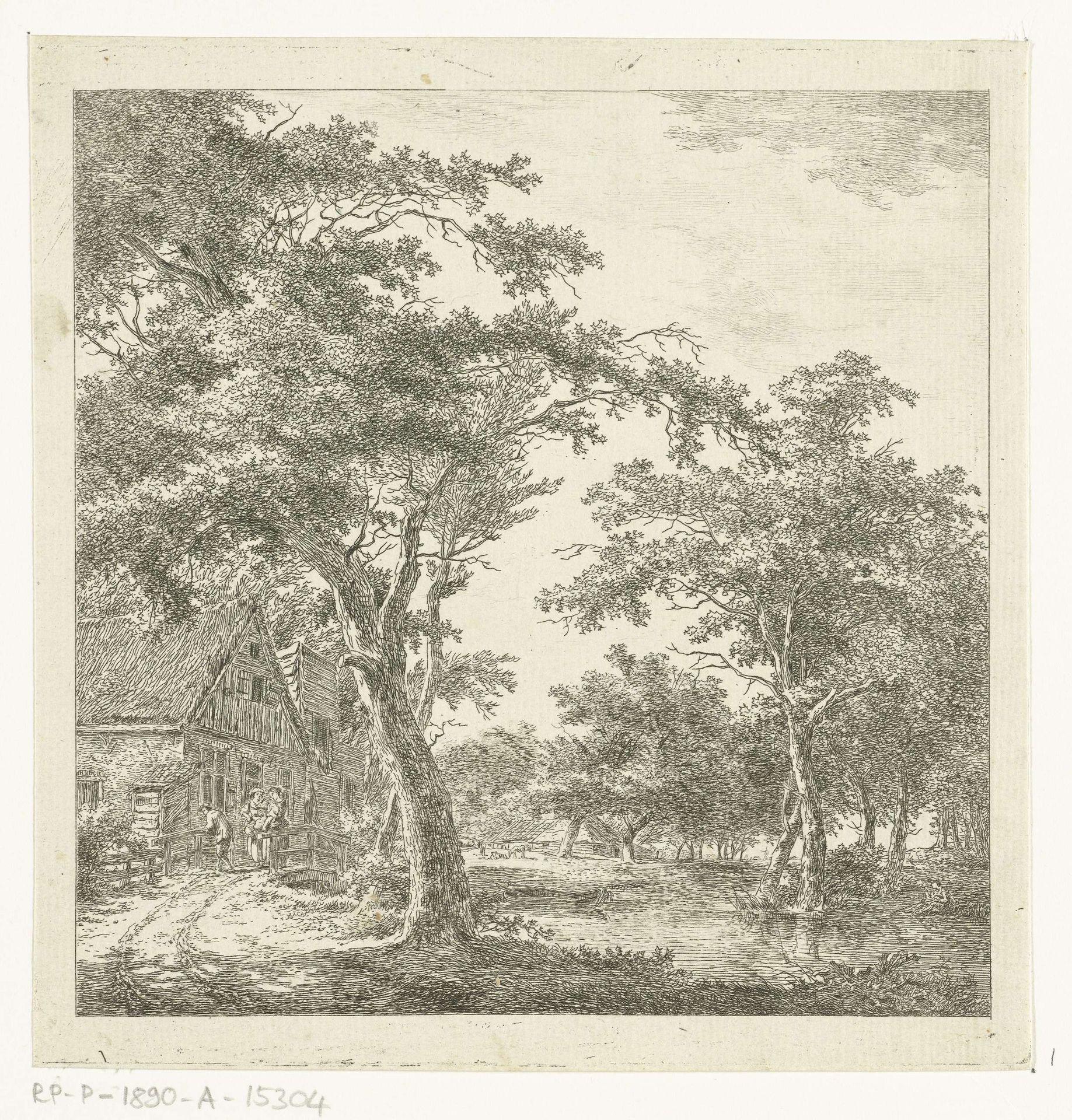 Drie figuren op een bruggetje voor een huis by Hermanus van Brussel
