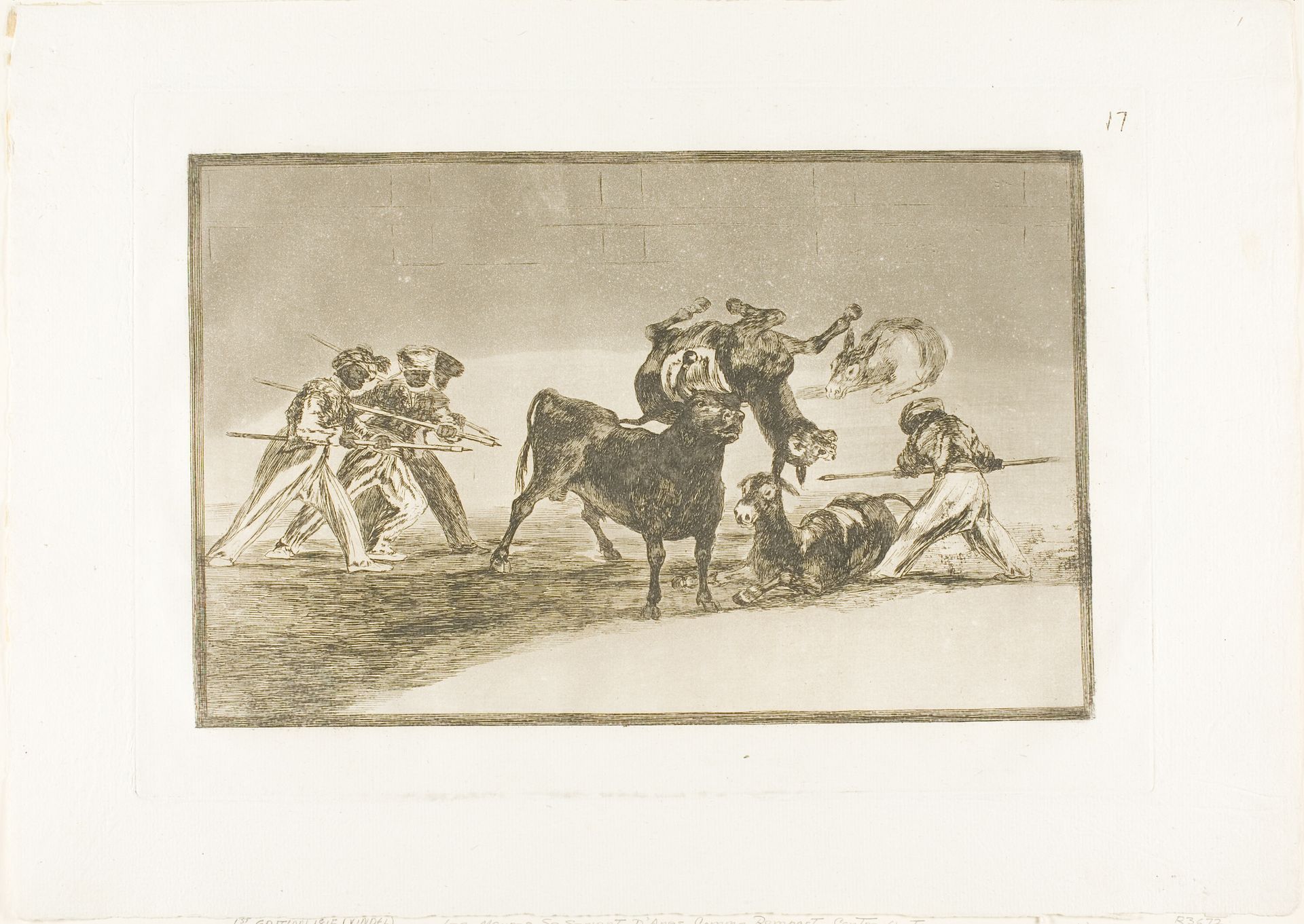 The Moors use donkeys as a barrier to defend themselves against the bull whose horns have been tipped with balls, plate 17 from The Art of Bullfighting by Francisco de Goya