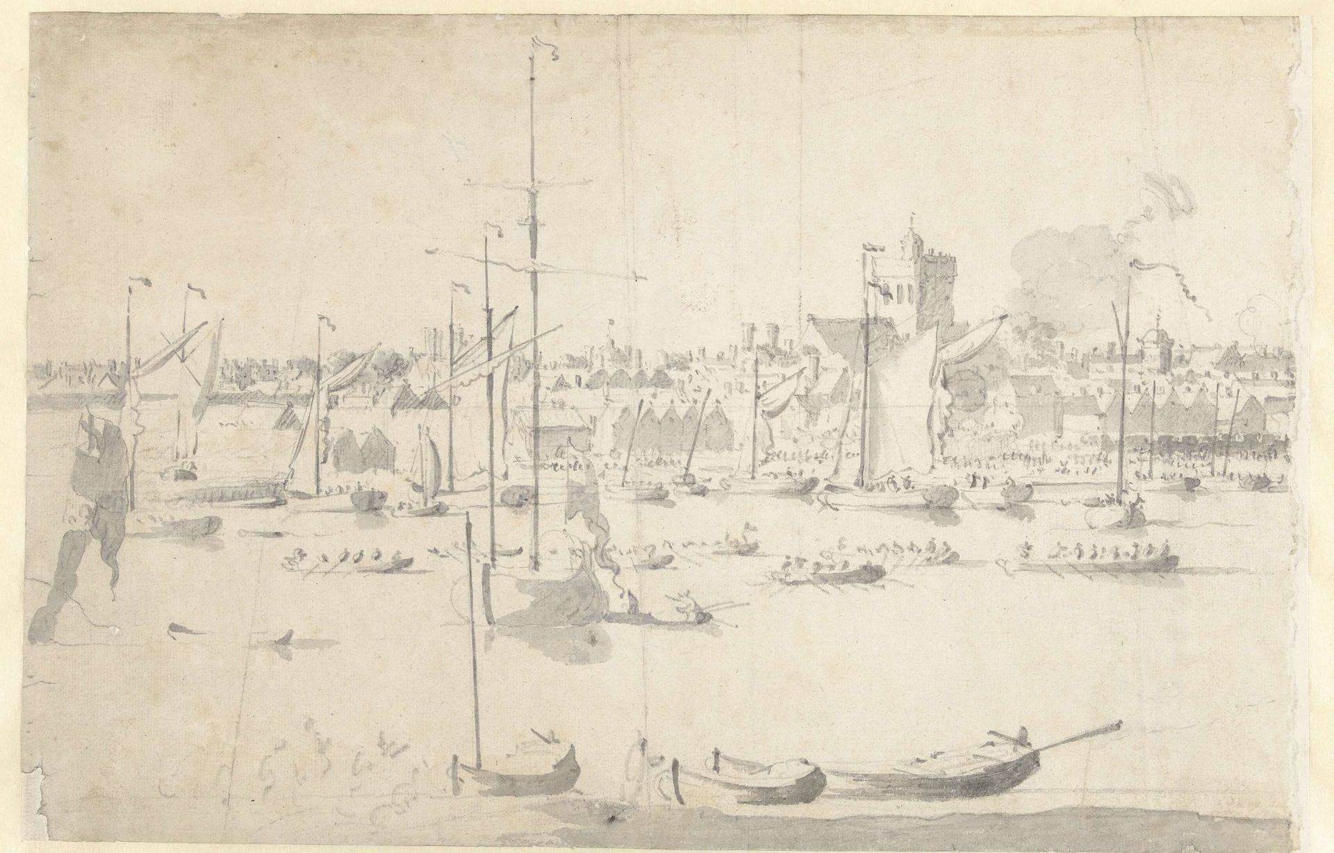 Engelse jachten en sloepen op een rivier bij een stad by Willem van de Velde I