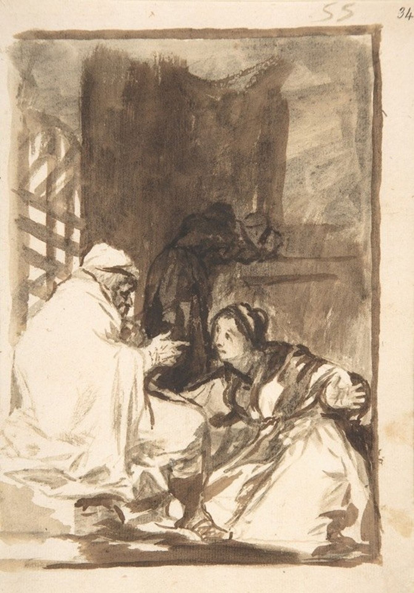 A woman kneeling, her arms wide, before an old man by Francisco de Goya