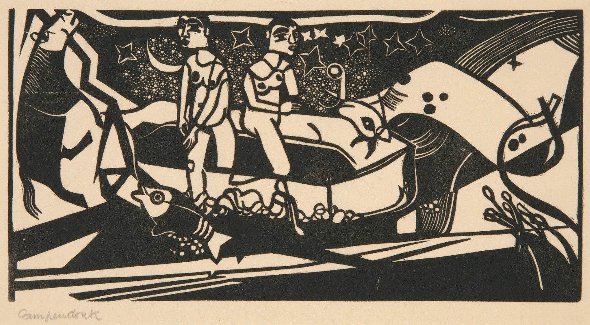 Two Nudes in Boat Under Starry Sky by Heinrich Campendonk