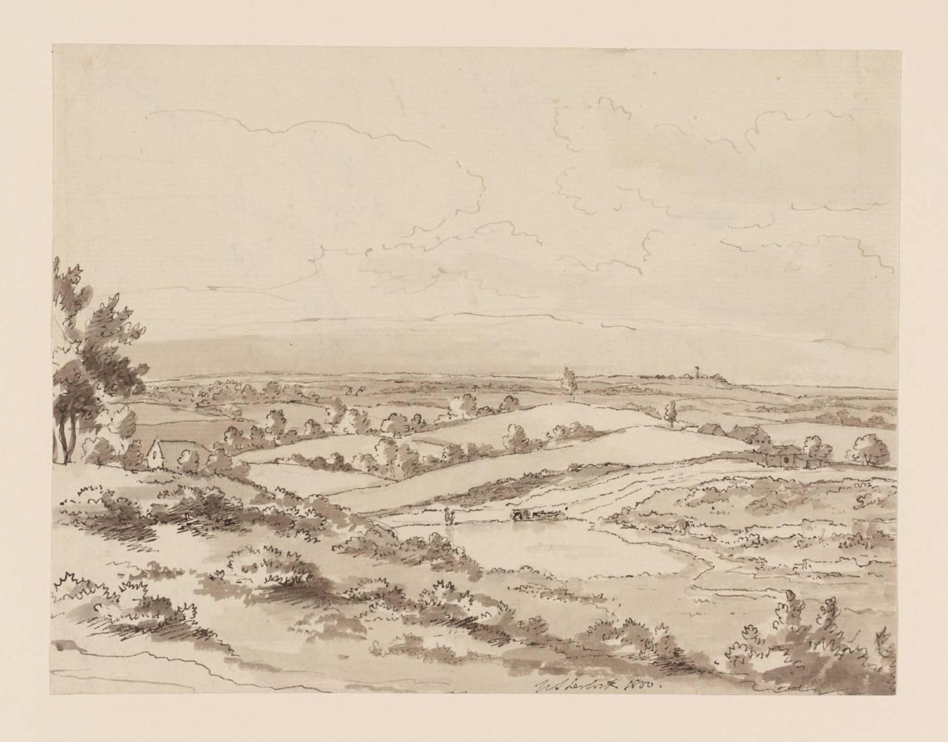 Wide Landscape with Lake in the Middle Distance. Verso: Trees by William P. Sherlock