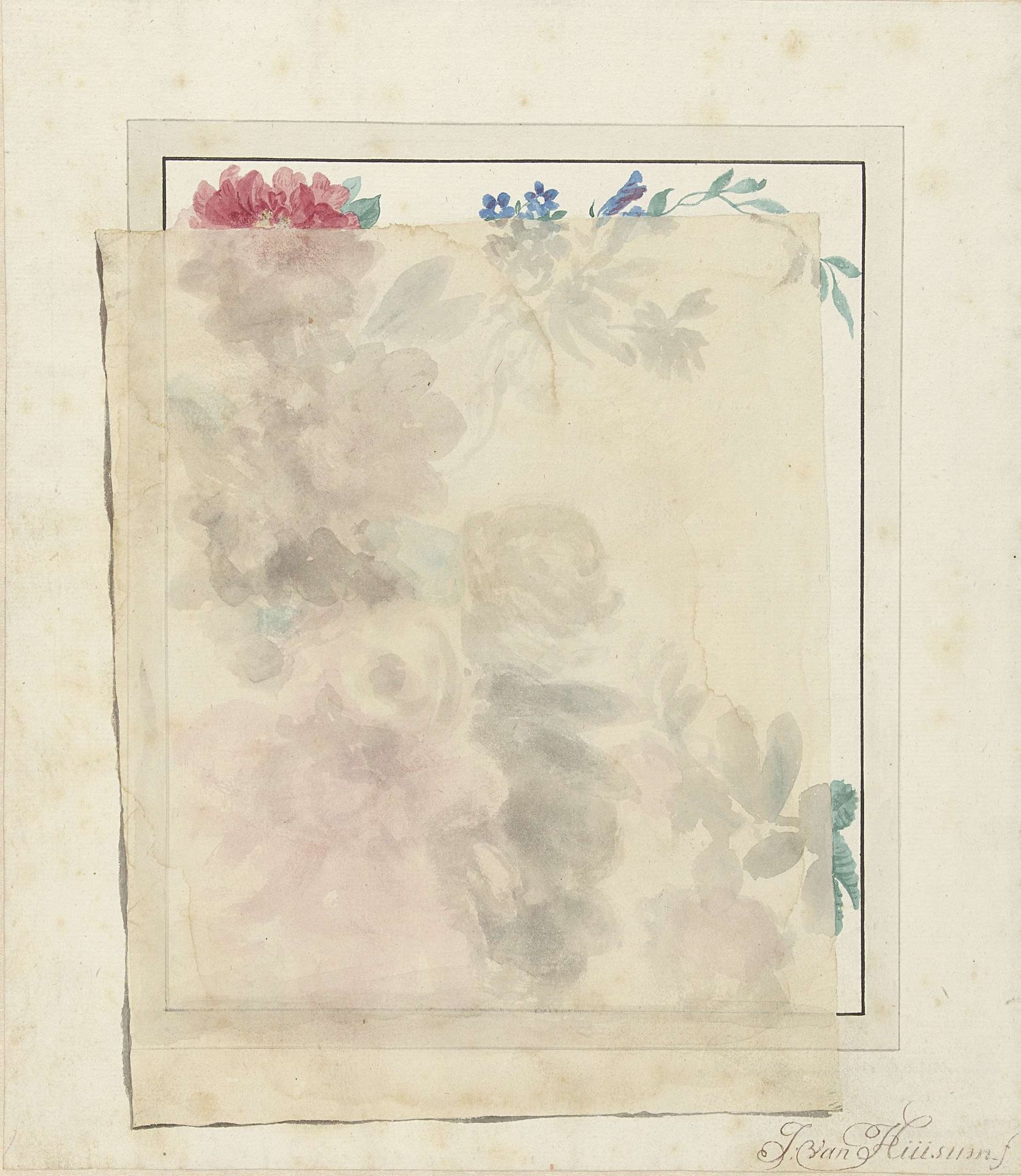 Trompe l'oeil van bloemenstilleven onder een vel vloeipapier by Jan van Huysum