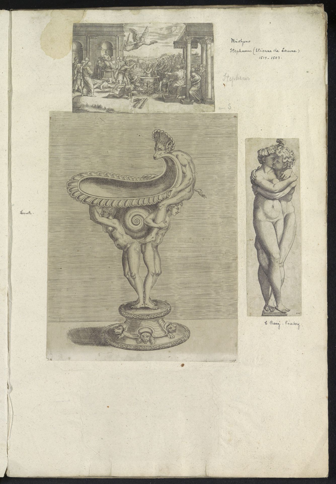 Albumblad met drie prenten met twee geliefden, een schaal en het martelen van Felicitas van Rome by Balthazar van den Bos