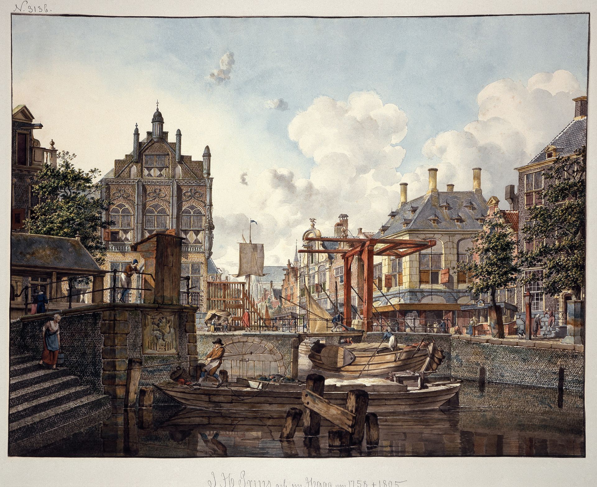 Town view with drawbridge by Johannes Huibert Prins