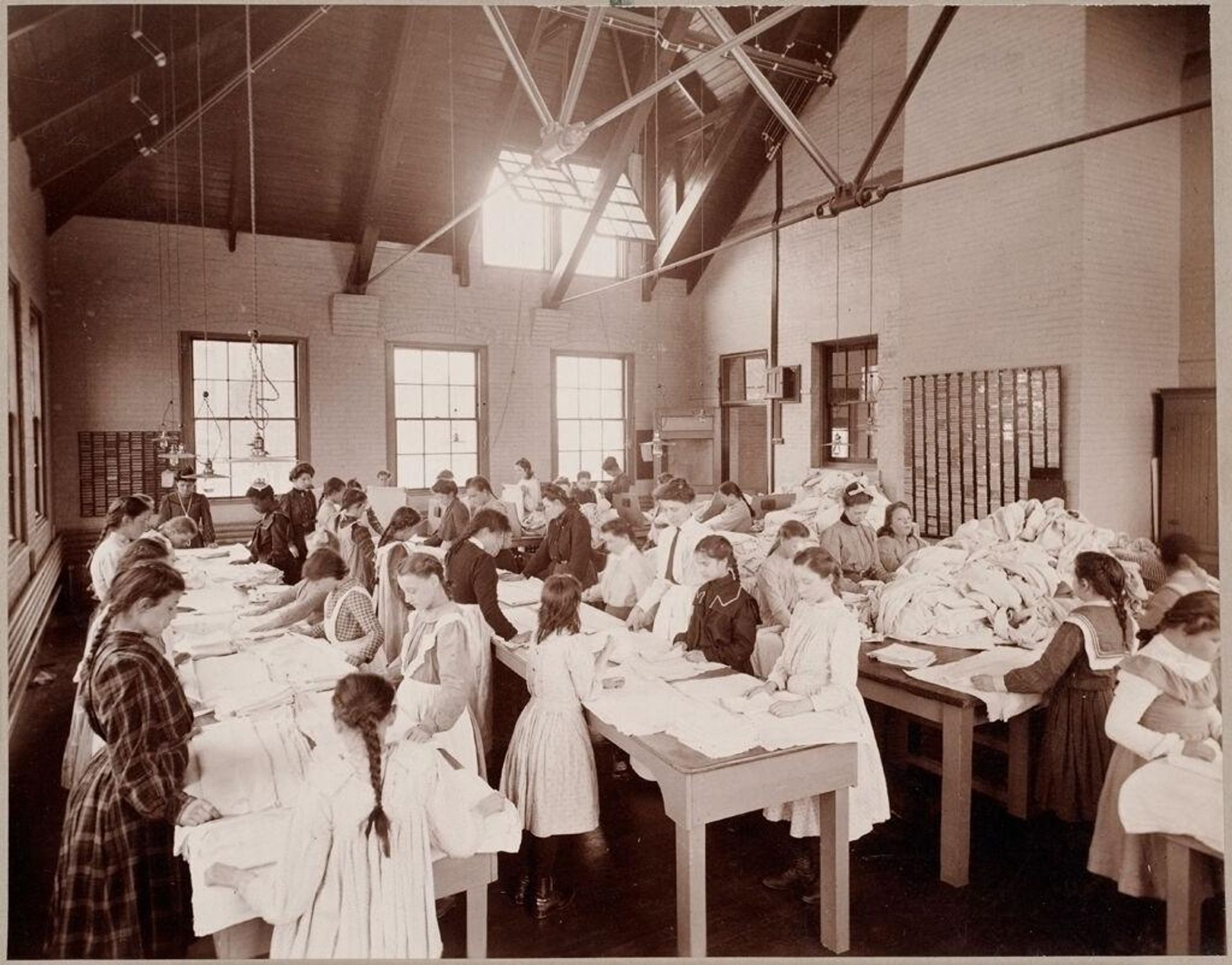 Defectives, Feeble-minded: United States. Massachusetts. Waverly. School for Feeble-minded: Massachusetts School for the Feeble-Minded.: Clothes Folding - Laundry Class. by William A. Webster