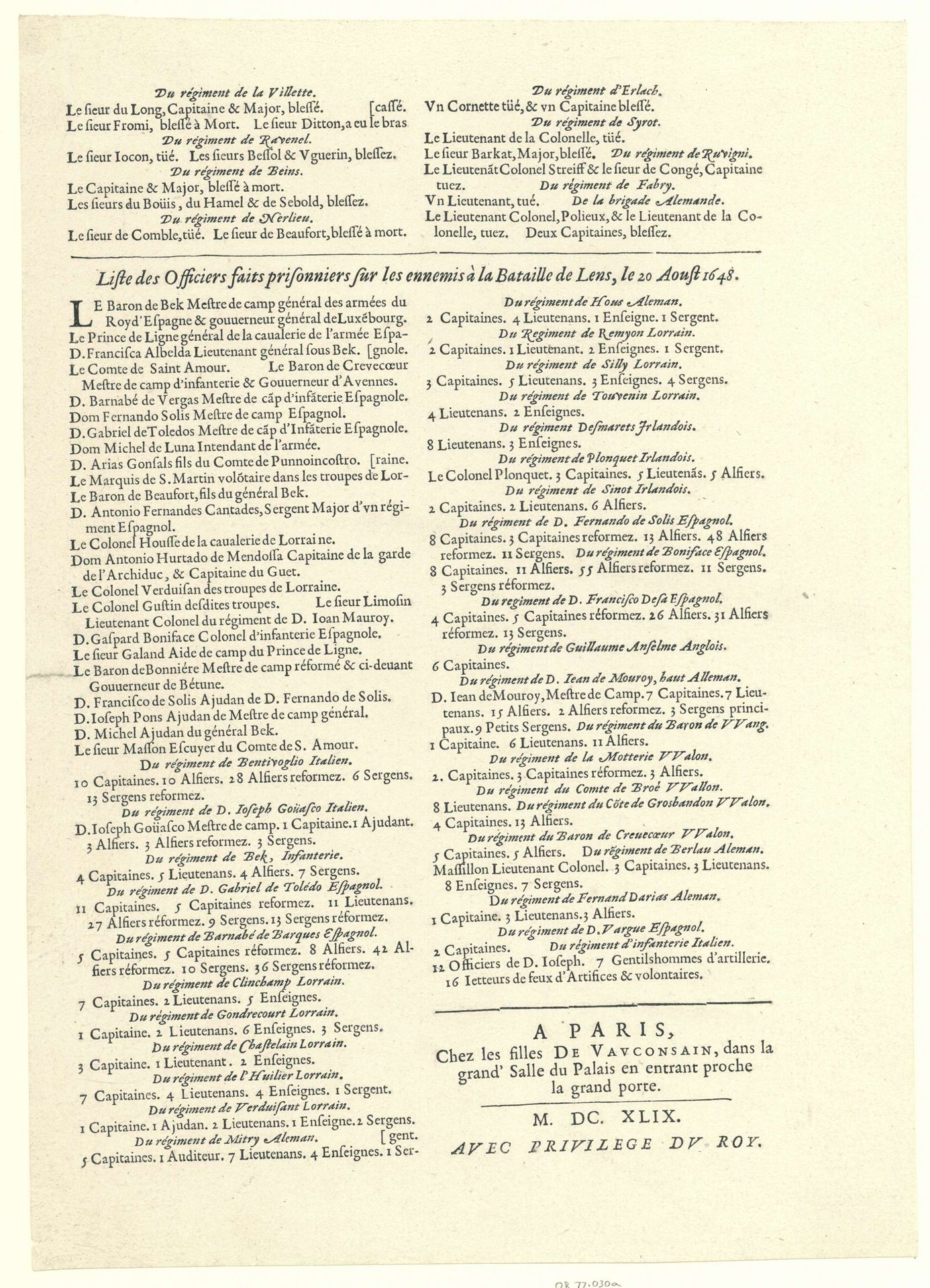 Tekstblad met een lijst van de namen van de Spaanse officieren gewond of gevangengenomen tijdens de slag bij Lens, 1648 by les filles De Vauconsain