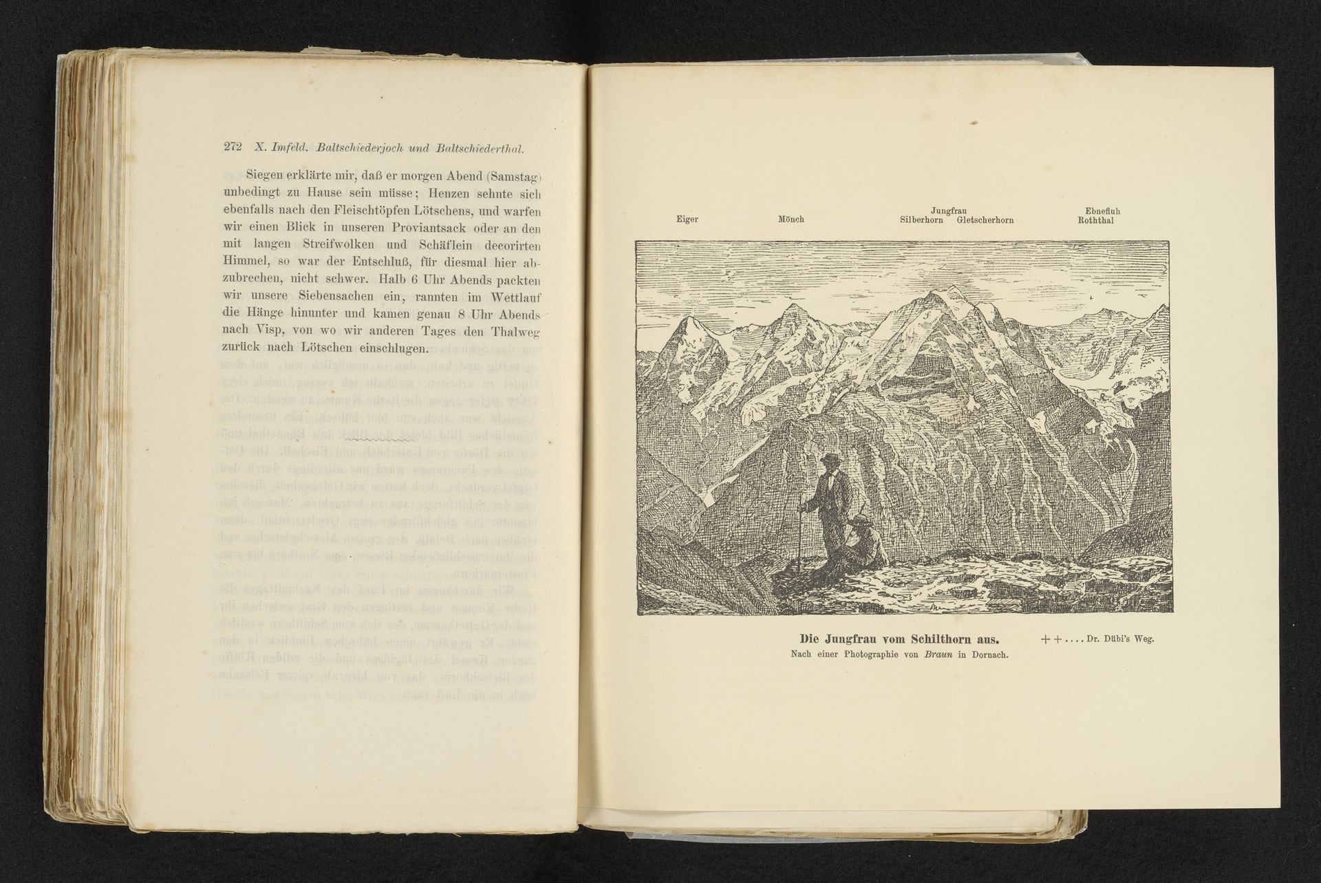 Reproductie van een prent van twee reizigers voor de Jungfrau in de Alpen, Zwitserland by Anonymous