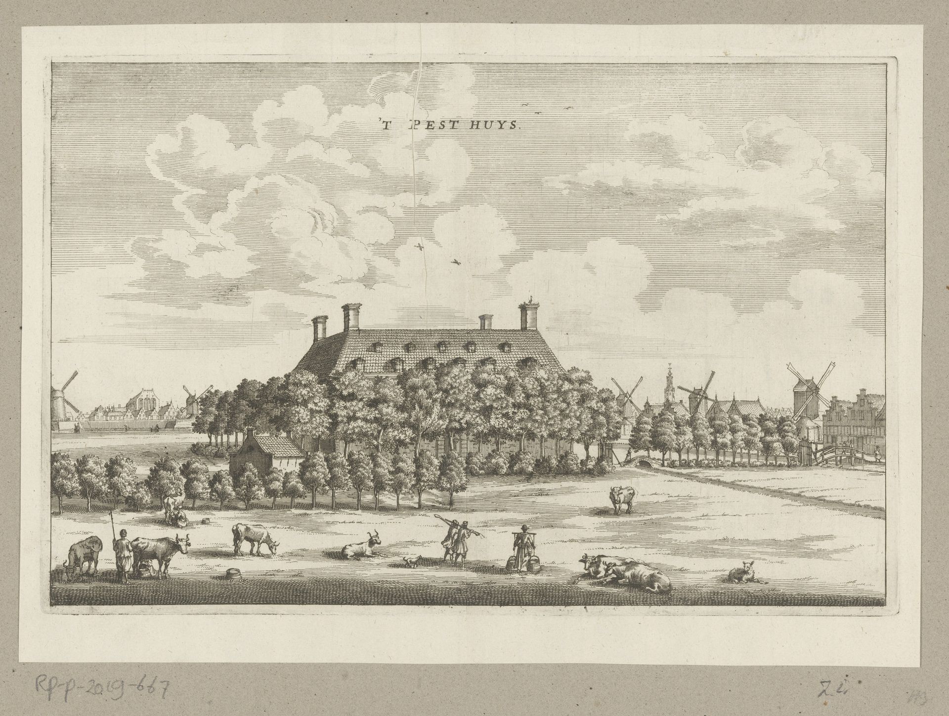 Gezicht op het Pesthuis (Buitengasthuis) bij Amsterdam by Jacob van Meurs