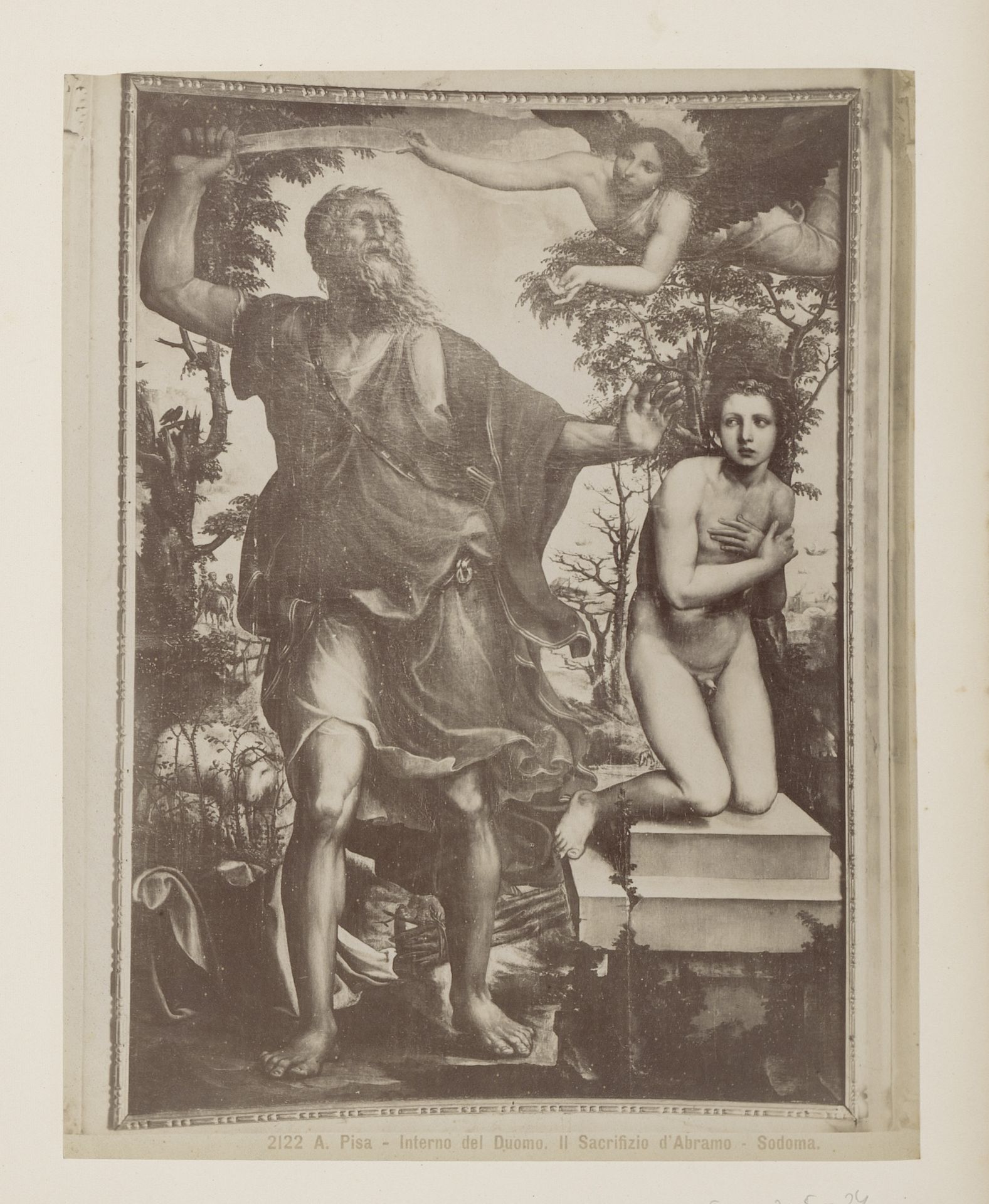 Fotoreproductie van het schilderij Het offer van Abraham door Il Sodoma in de Dom te Pisa, Italië by Giacomo Brogi