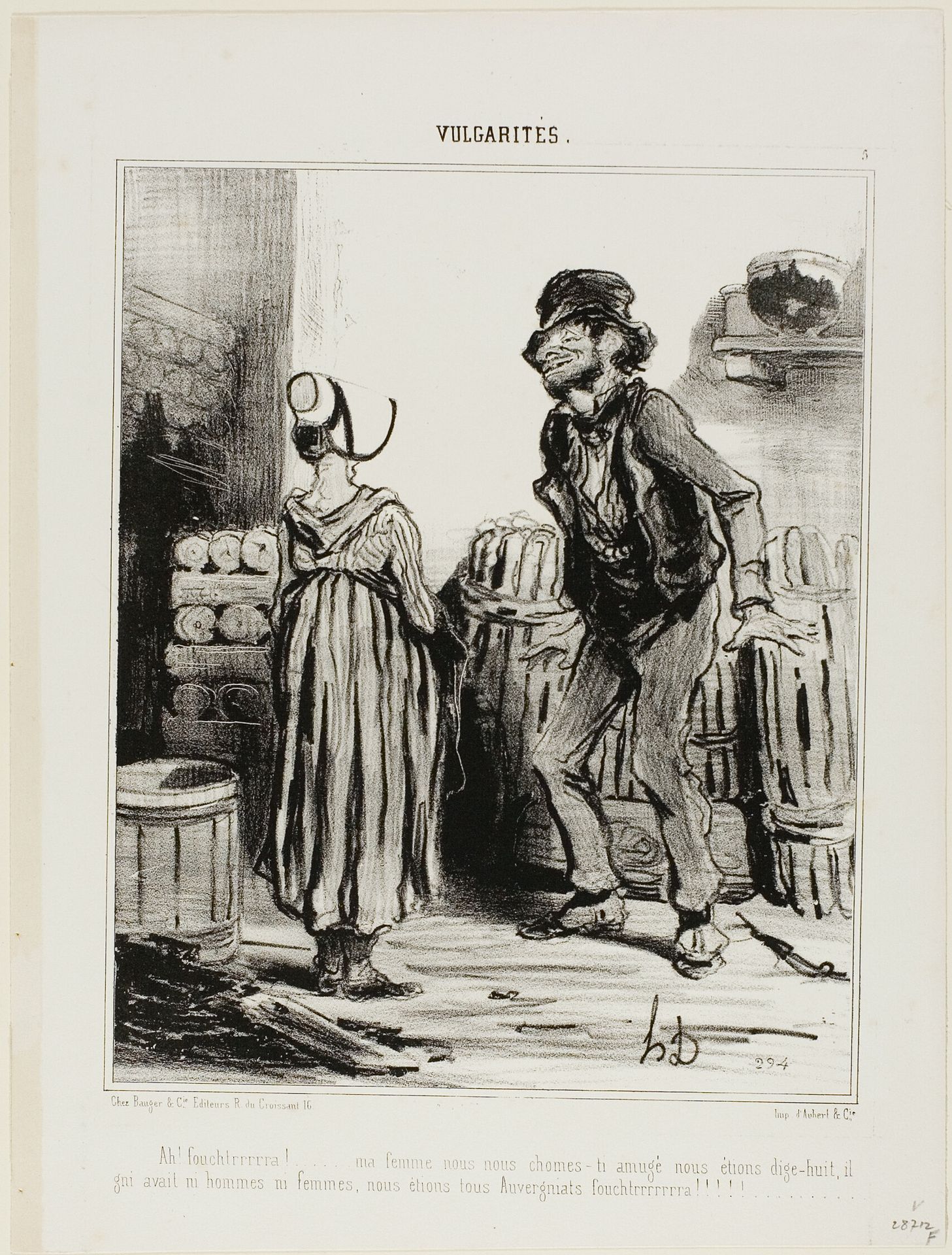 “Ha! Dammmmmnit wife... how much funnn we had when we were eighteen.... no men no women..... just us people from Auvergne,” plate 5 from Vulgarités by Honoré Daumier