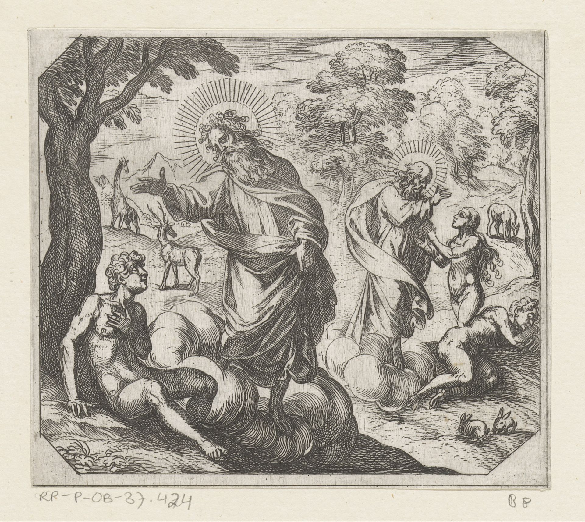 De schepping van Adam en Eva by Antonio Tempesta