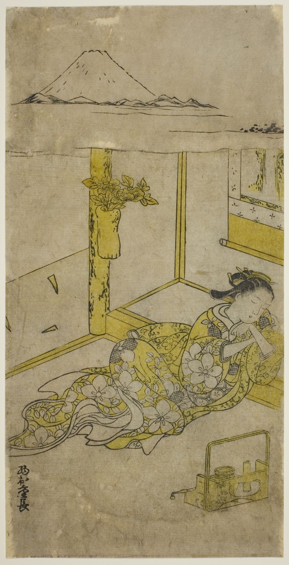 Sleeping Young Woman with Mt. Fuji Above by Nishimura Shigenaga